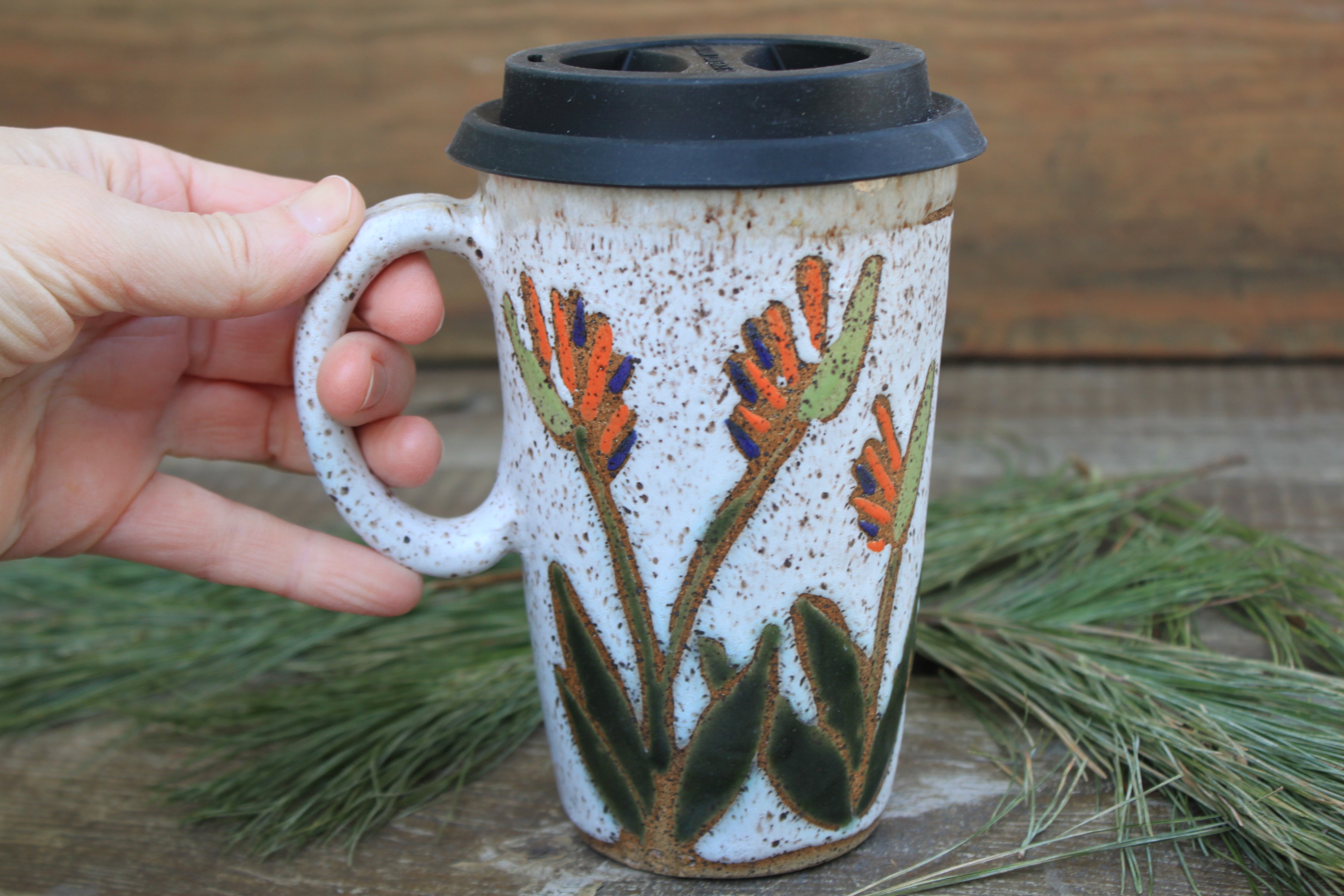 Tropical Bird of Paradise Handled Travel Mug, 16 oz