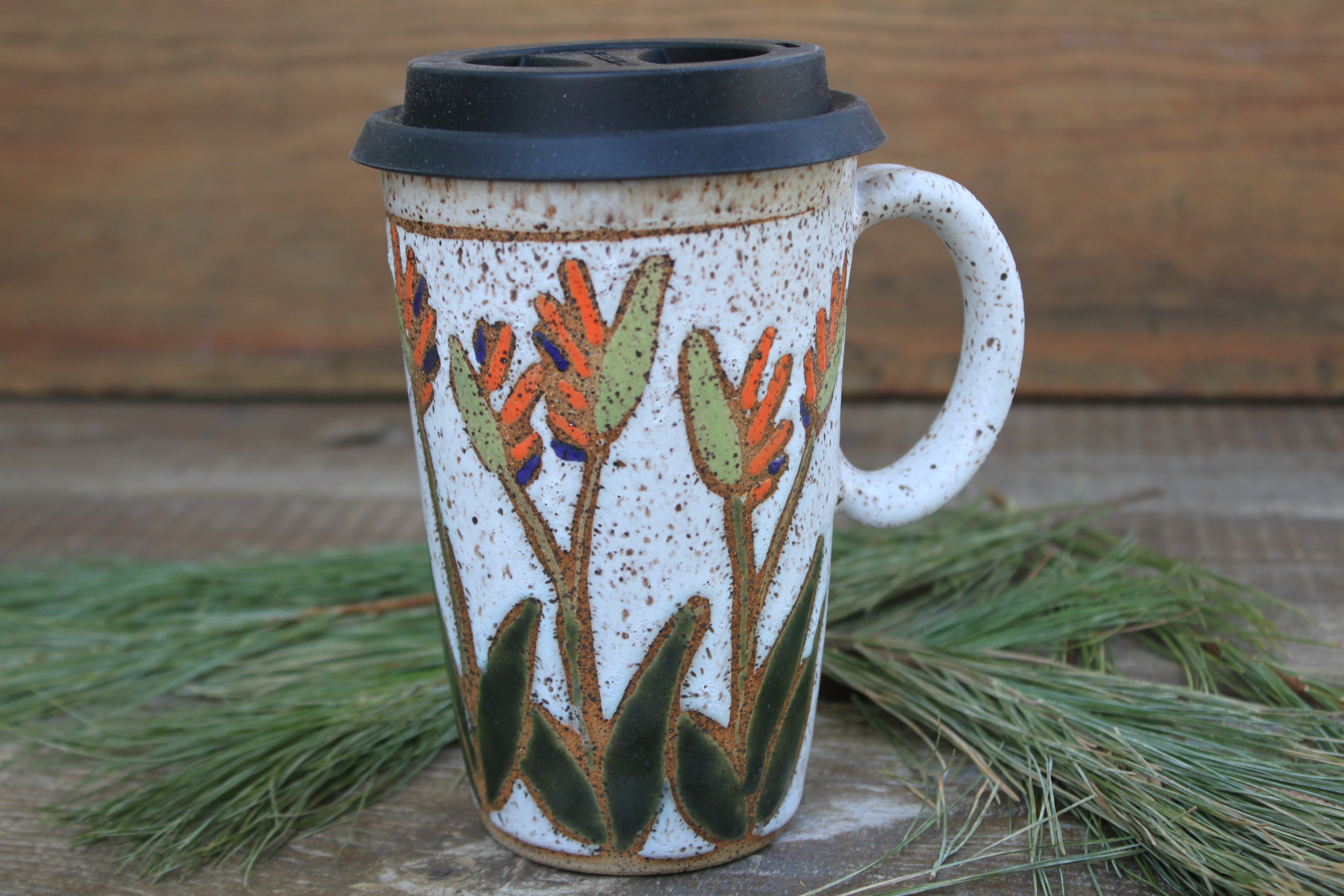 Tropical Bird of Paradise Handled Travel Mug, 16 oz