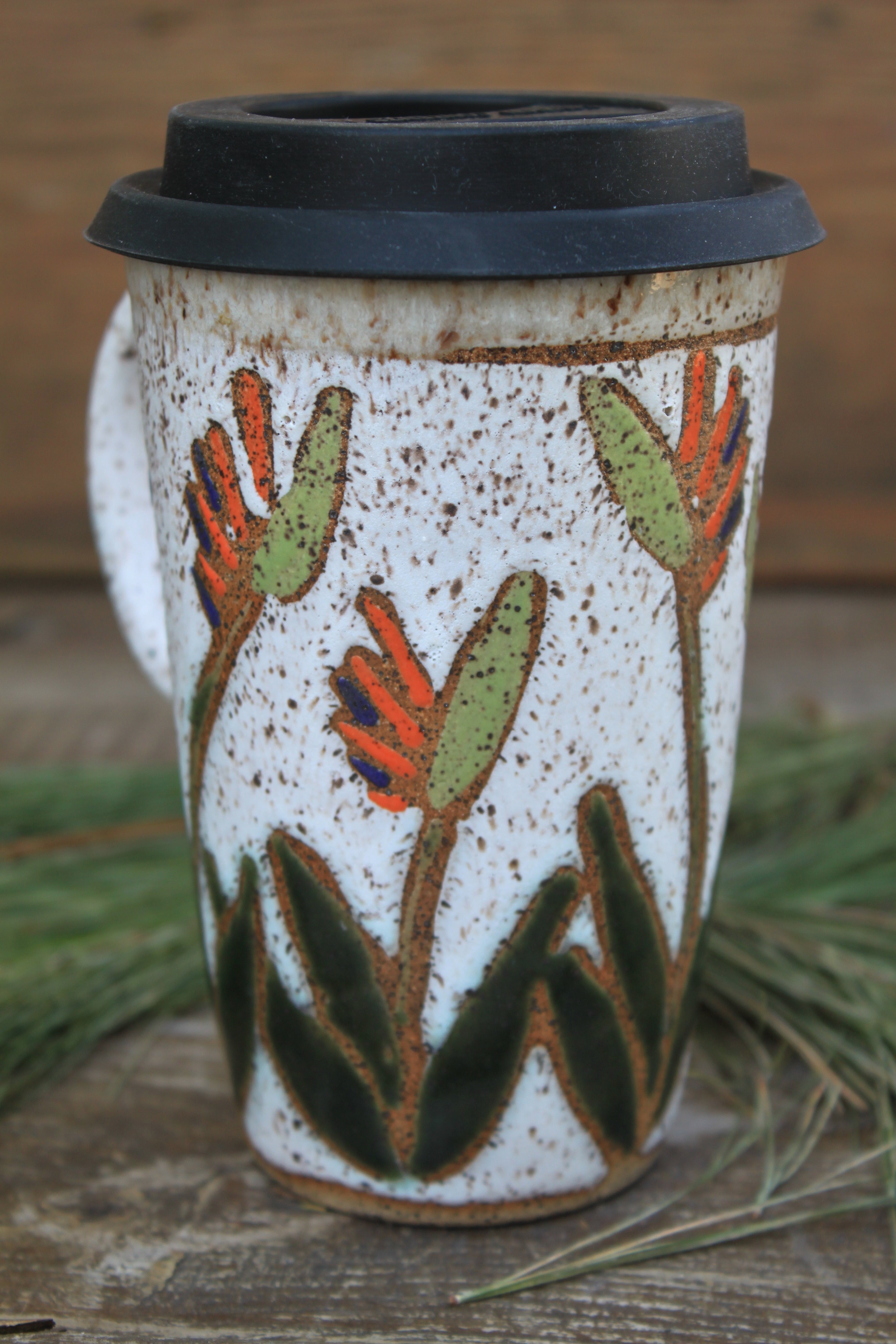 Tropical Bird of Paradise Handled Travel Mug, 16 oz