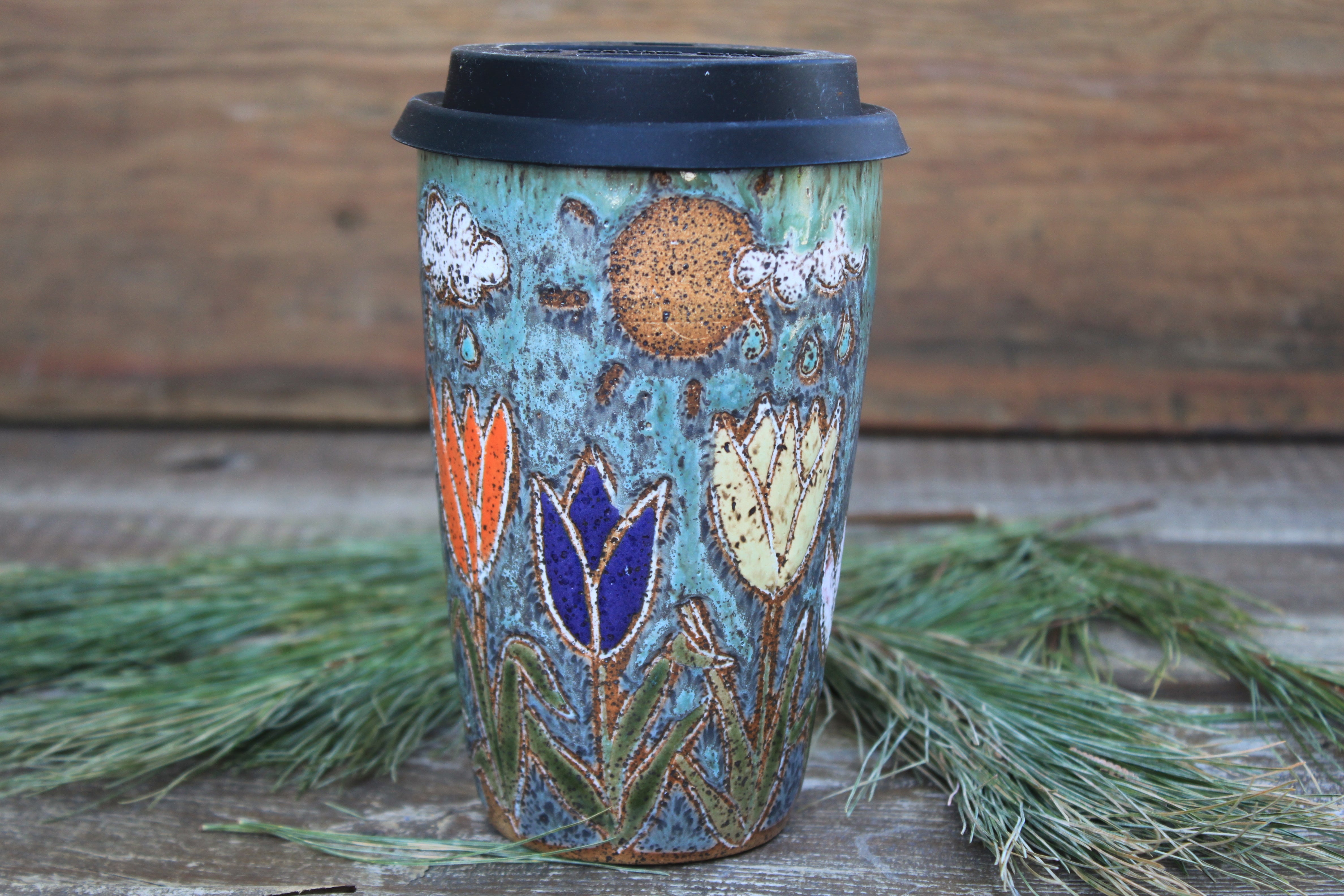 Tulip Fields and Sun Showers Carved Travel Mug, 18 oz