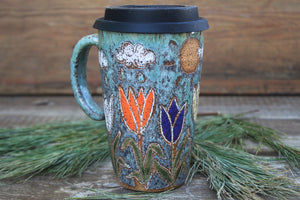 Tulip Fields and Sun Showers Carved Travel Mug, 18 oz