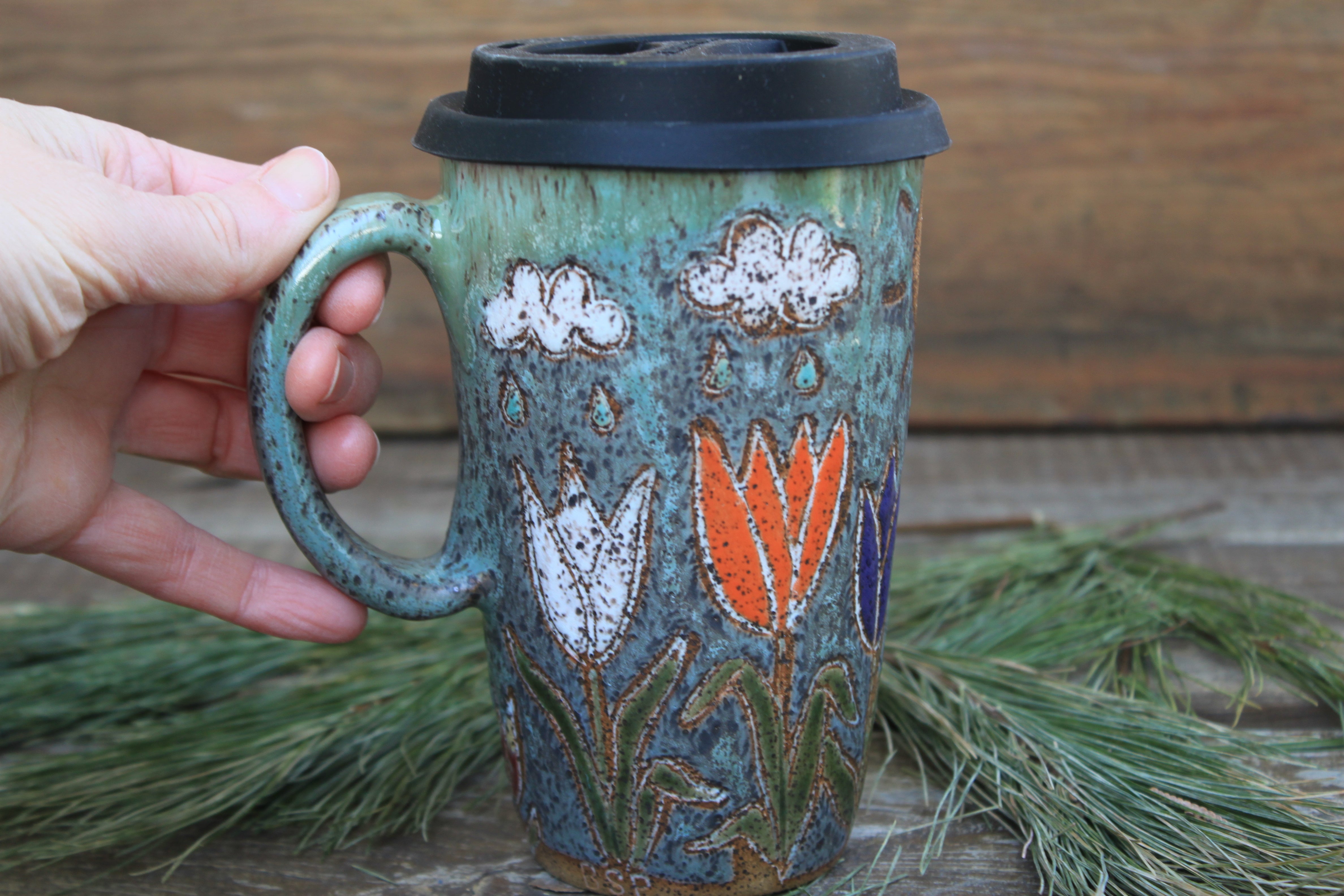 Tulip Fields and Sun Showers Carved Travel Mug, 18 oz