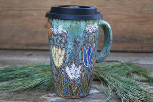 Tulip Fields and Sun Showers Carved Travel Mug, 18 oz