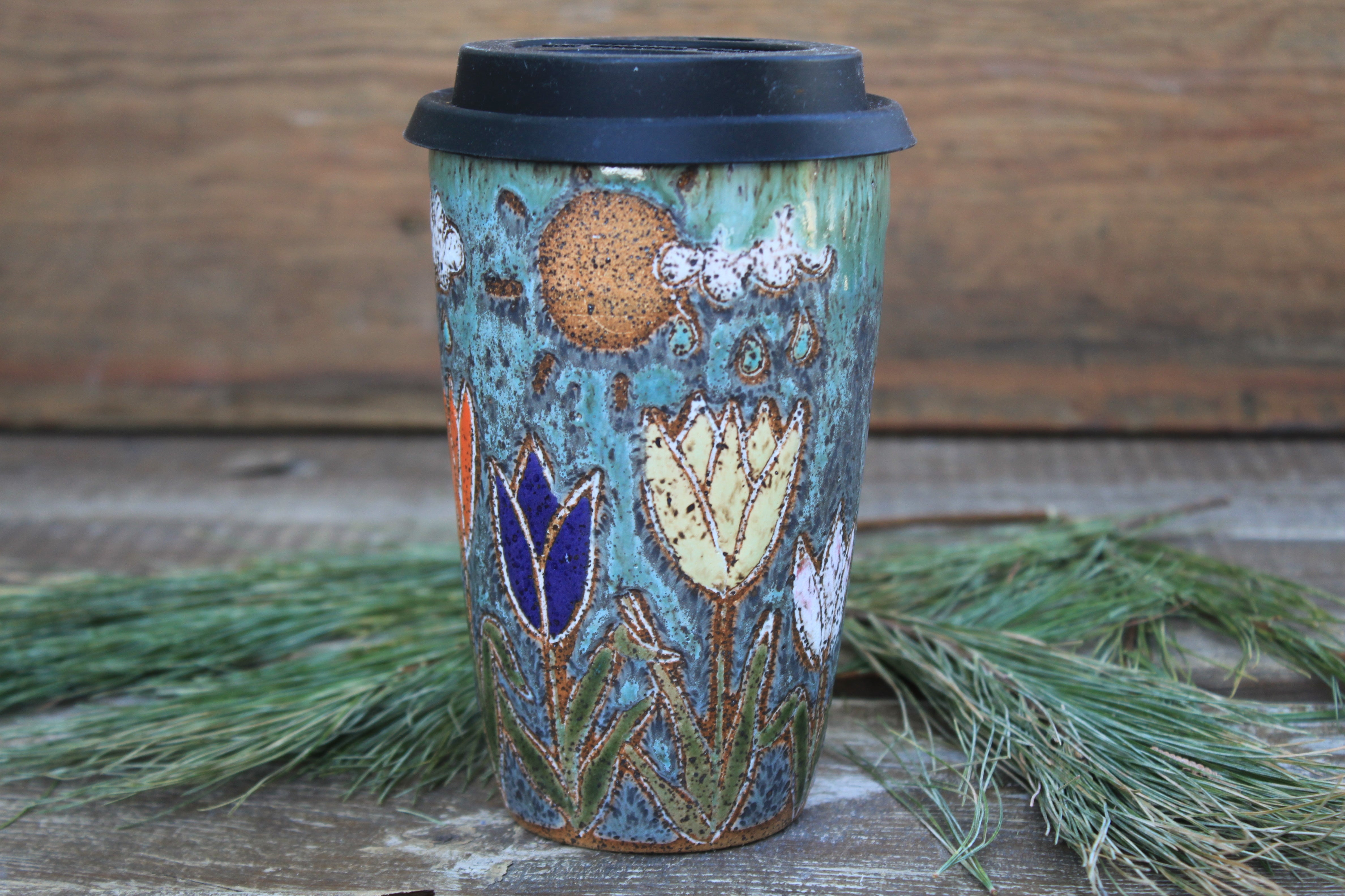 Tulip Fields and Sun Showers Carved Travel Mug, 18 oz