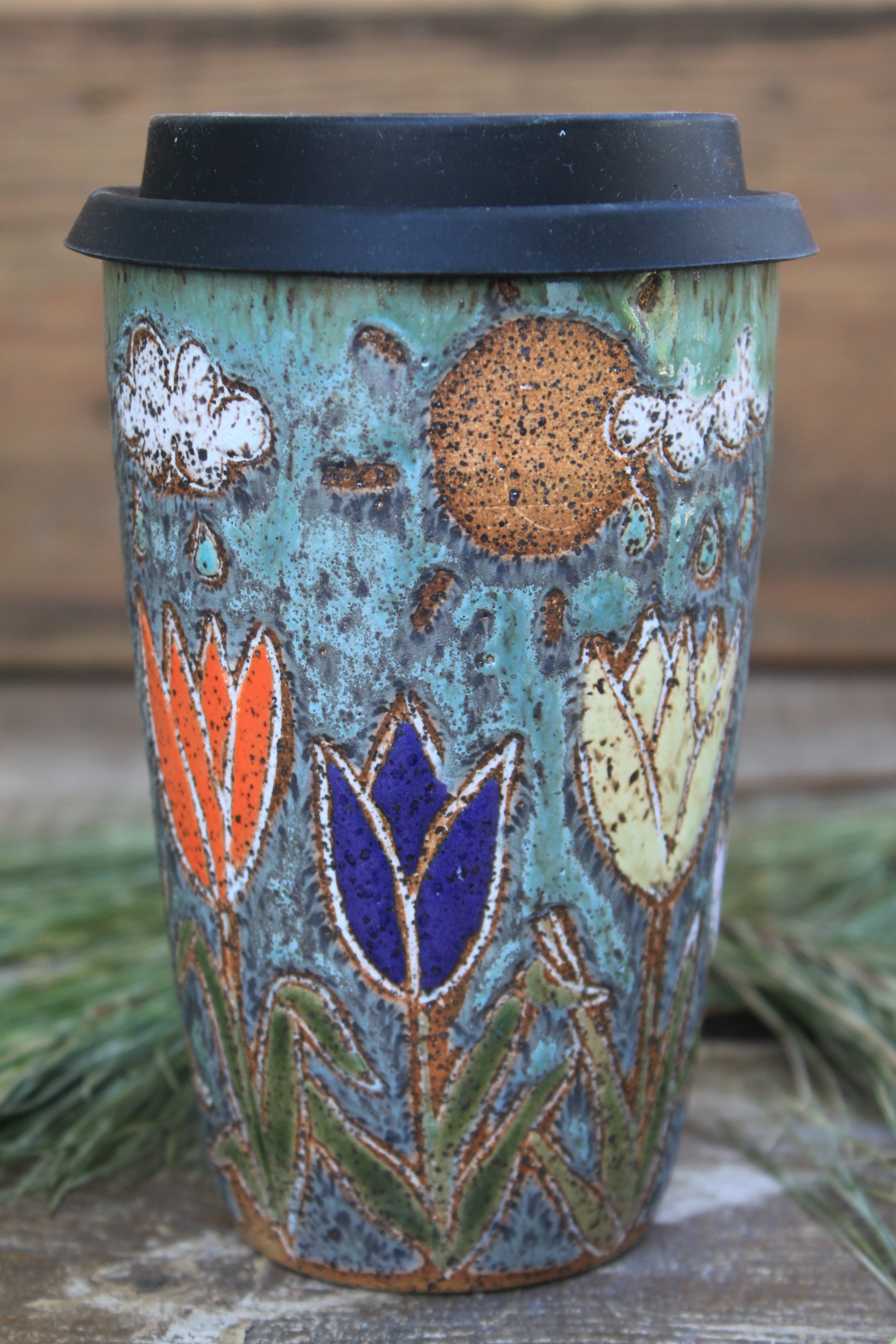Tulip Fields and Sun Showers Carved Travel Mug, 18 oz