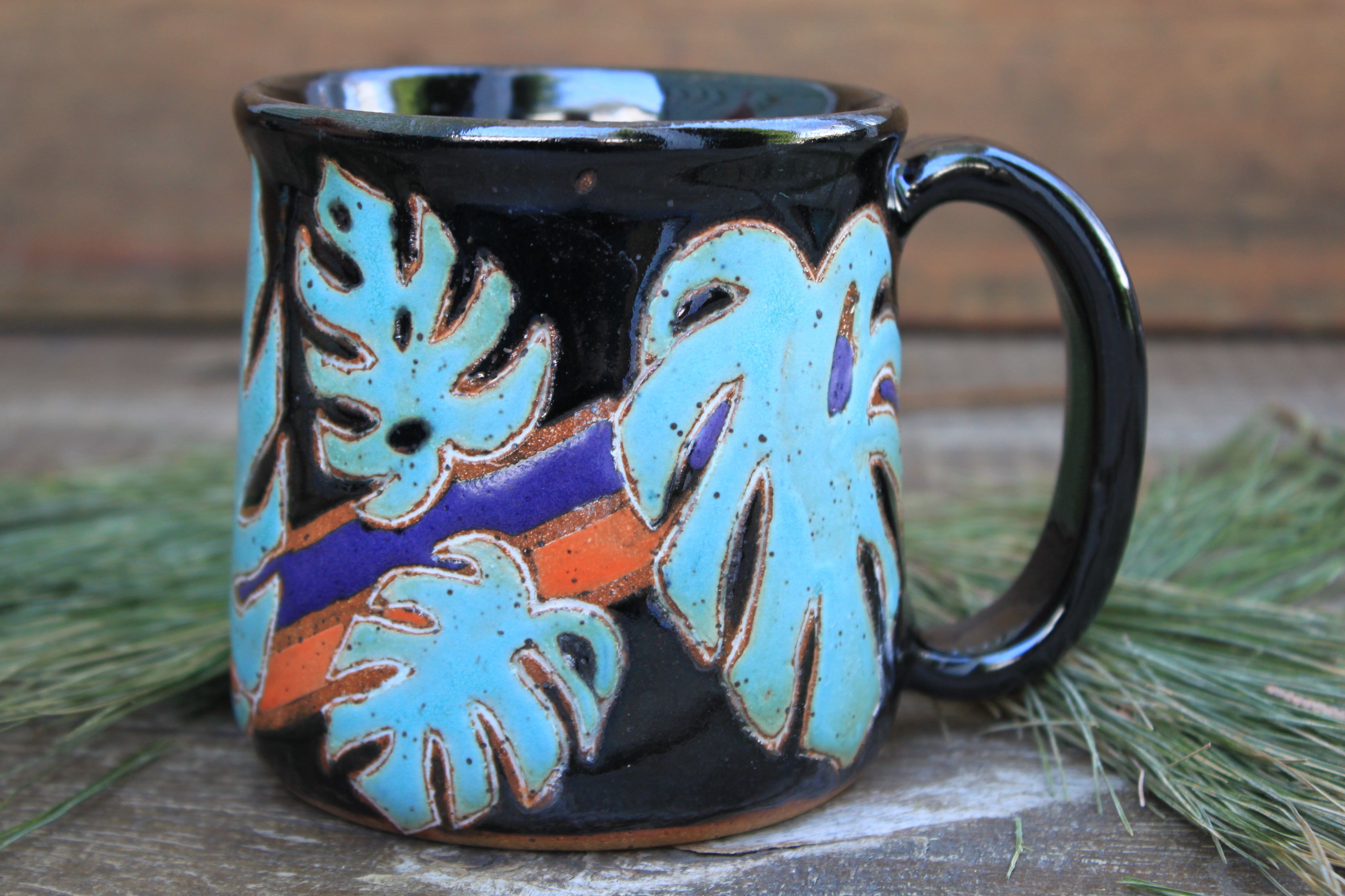 Retro Monstera Madness Carved Mug, 18 oz