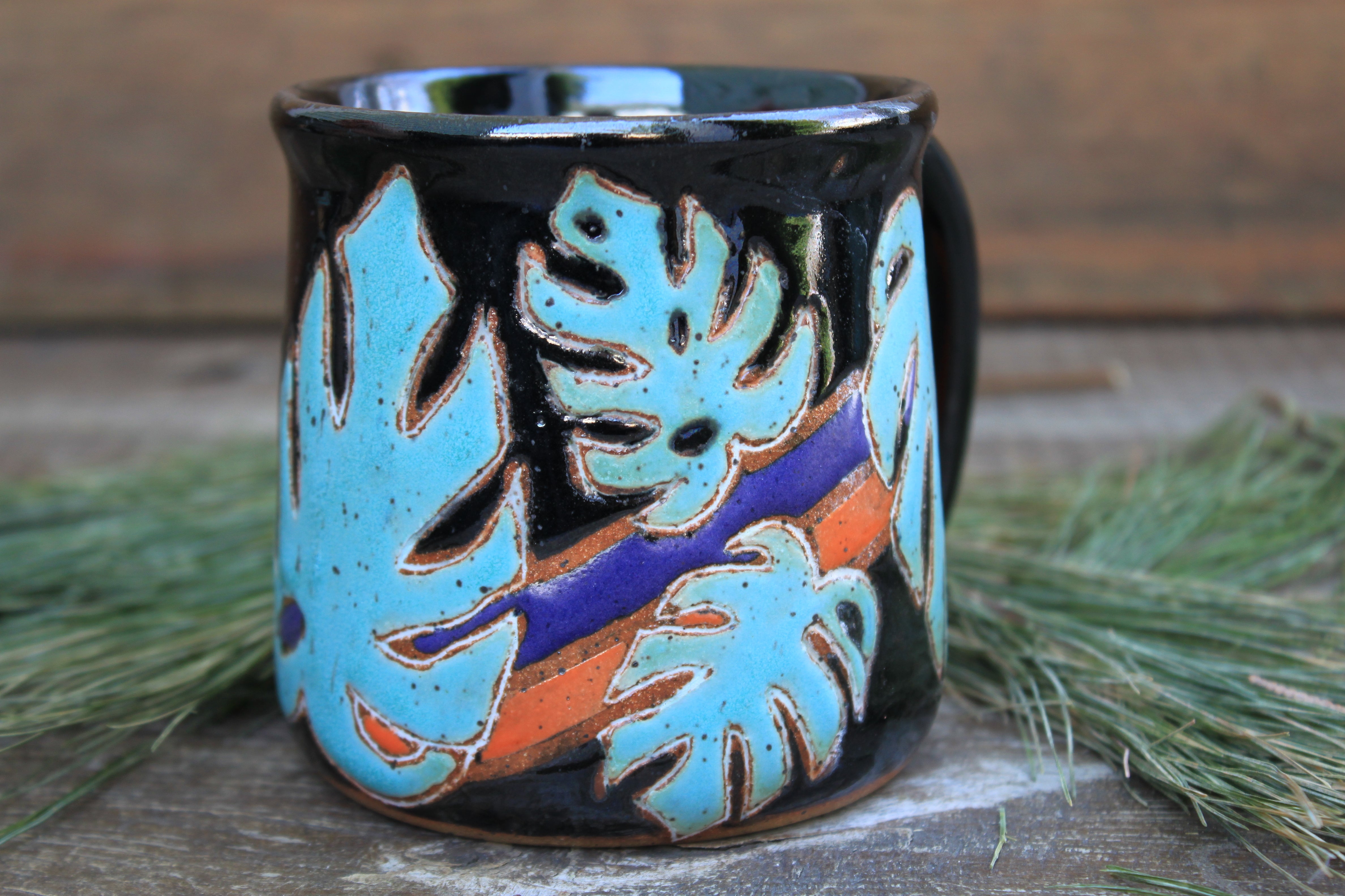 Retro Monstera Madness Carved Mug, 18 oz