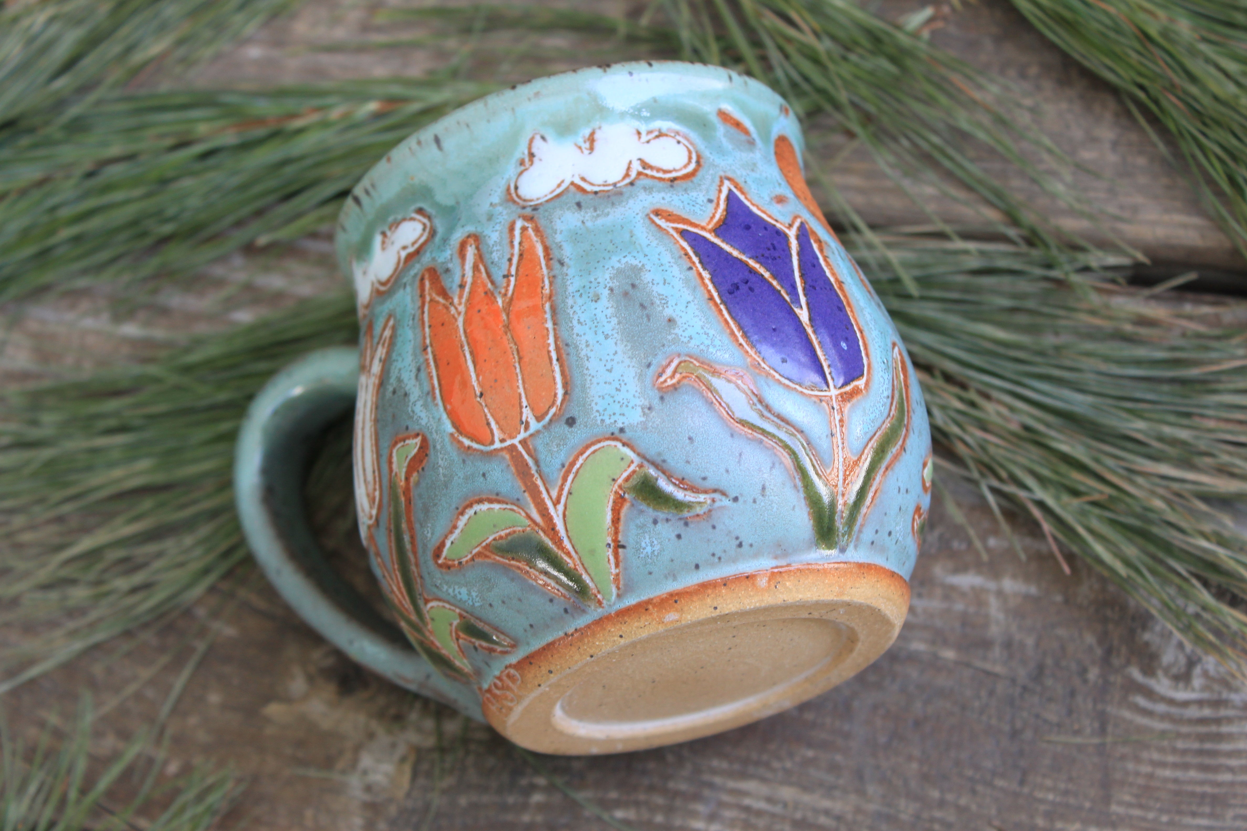 Tulip Fields and Partly Cloudy Skies Carved Mug, 16 oz
