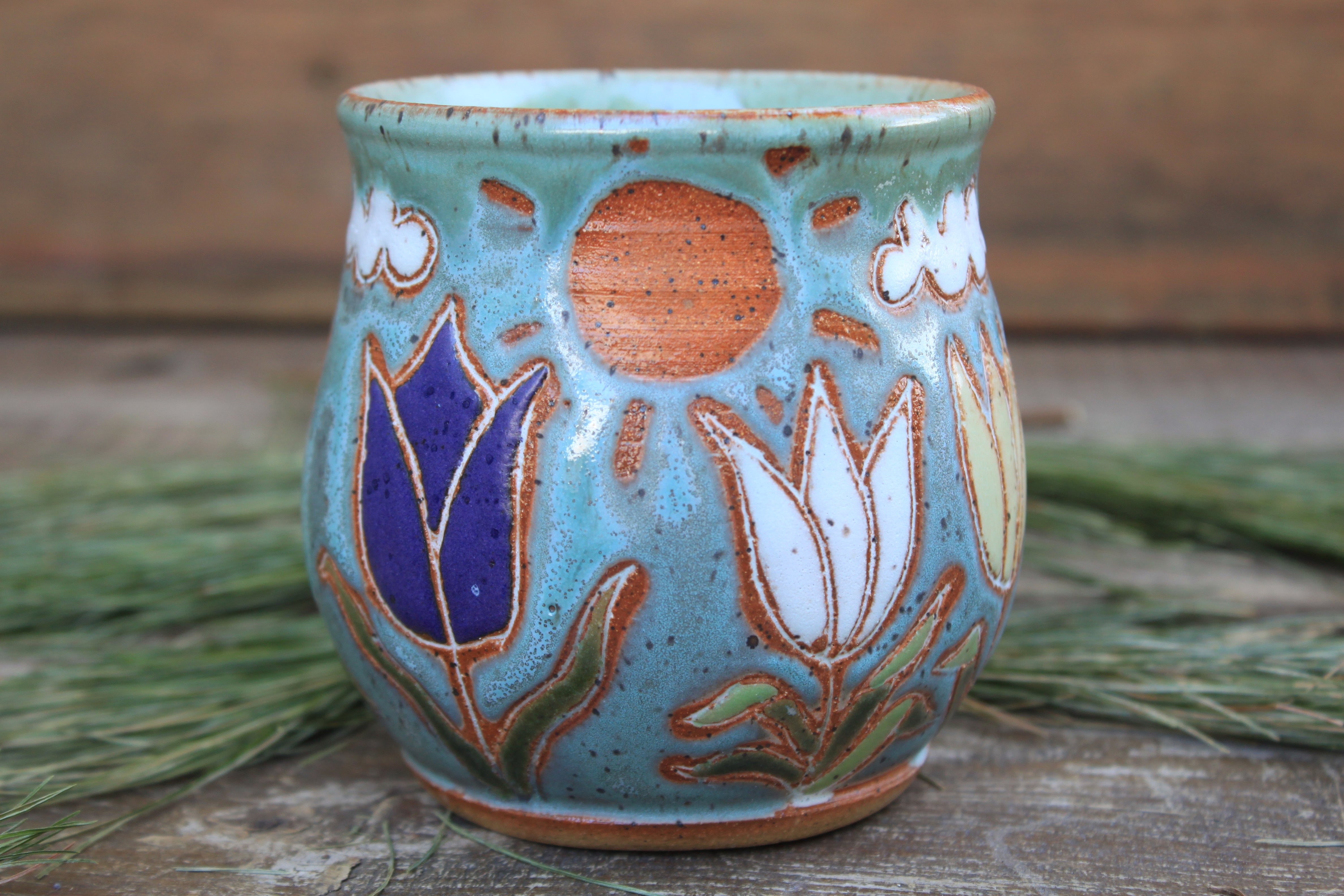 Tulip Fields and Partly Cloudy Skies Carved Mug, 16 oz
