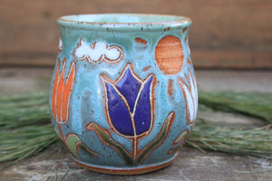 Tulip Fields and Partly Cloudy Skies Carved Mug, 16 oz