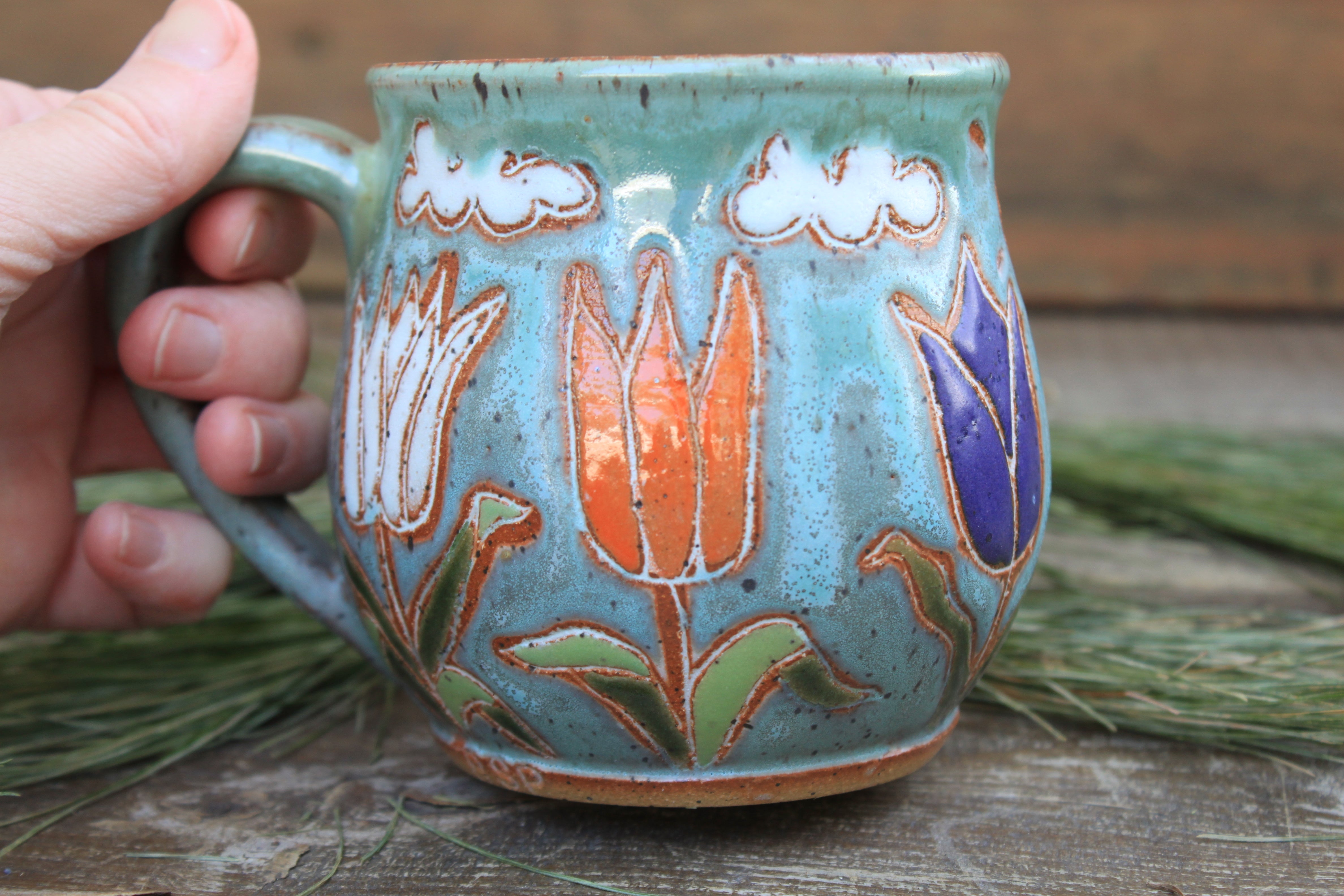 Tulip Fields and Partly Cloudy Skies Carved Mug, 16 oz
