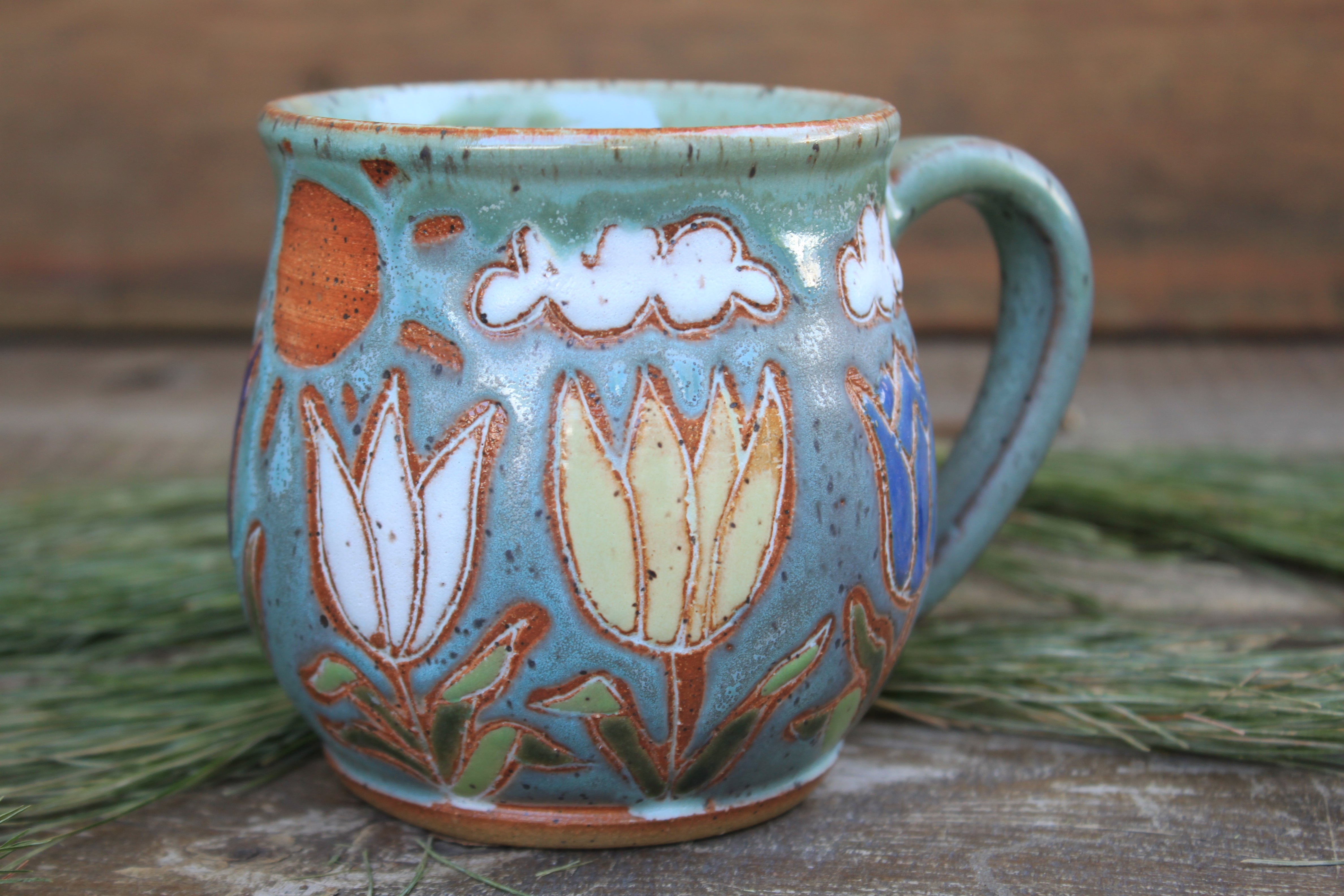 Tulip Fields and Partly Cloudy Skies Carved Mug, 16 oz
