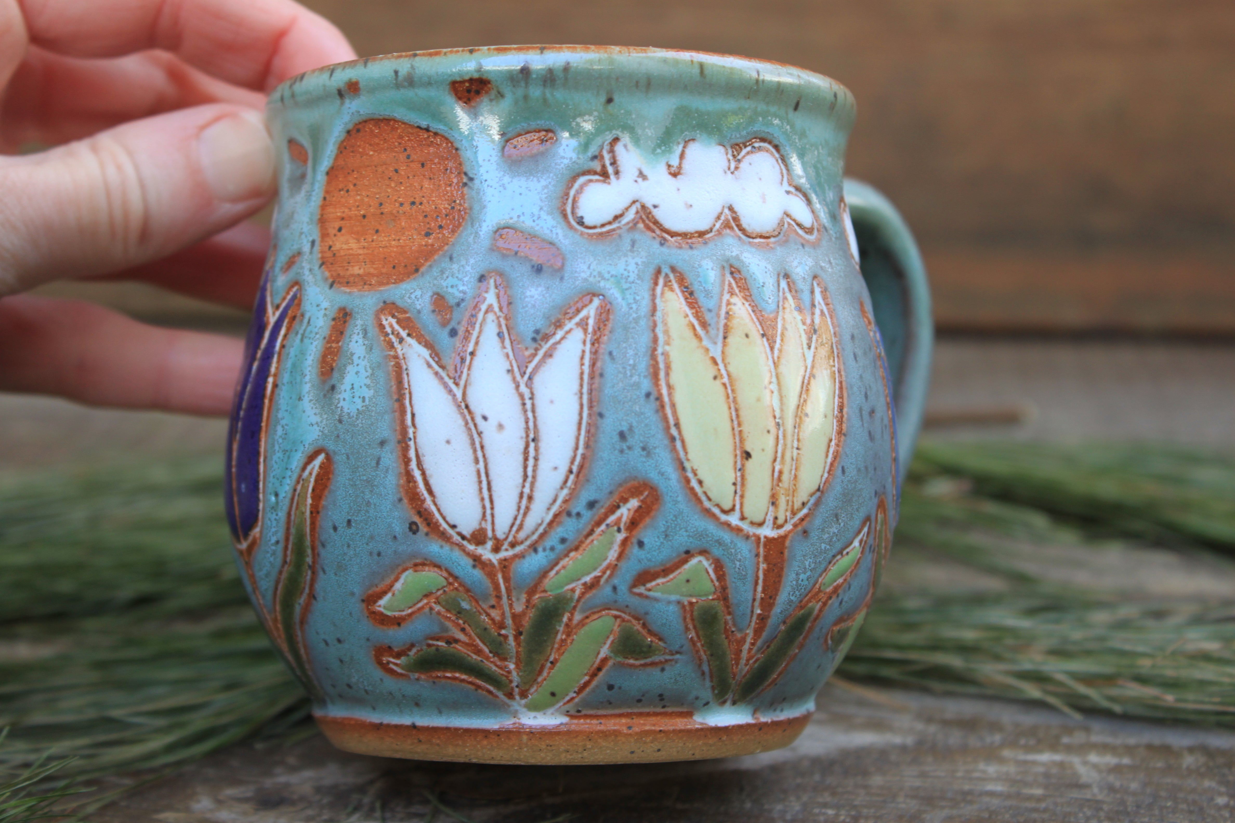 Tulip Fields and Partly Cloudy Skies Carved Mug, 16 oz
