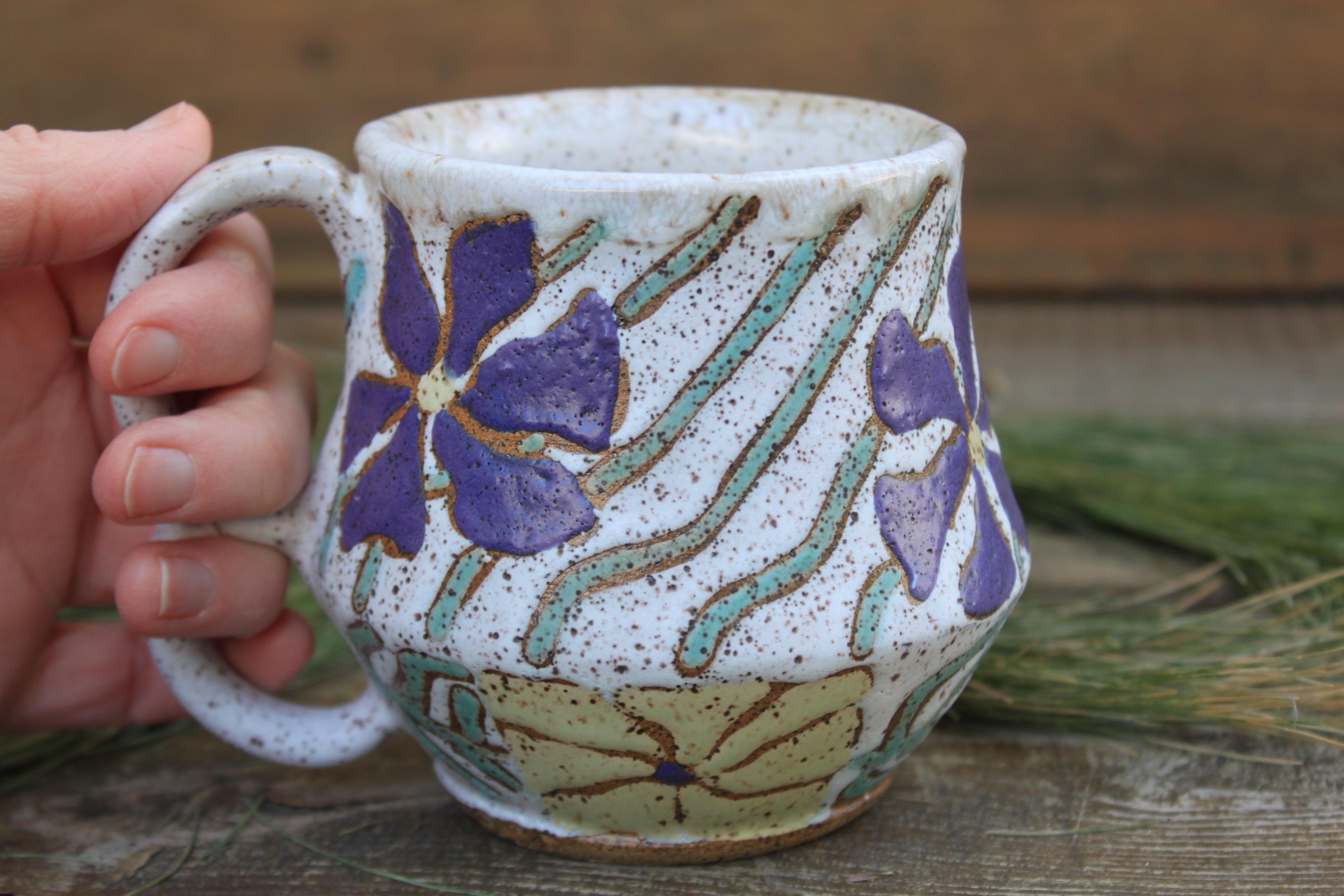 Retro Flower Power Mug with Double Handle, 15 oz