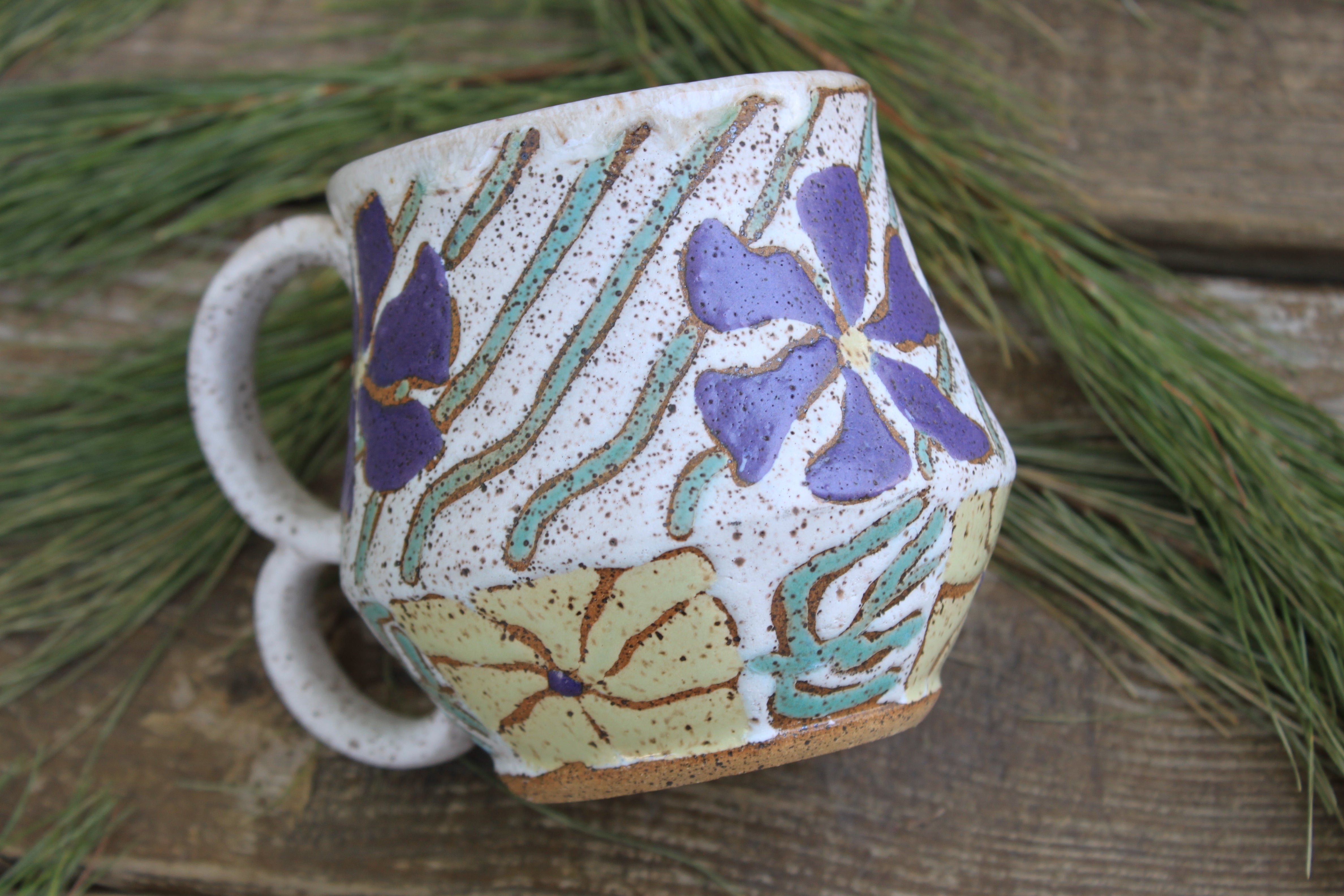 Retro Flower Power Mug with Double Handle, 15 oz