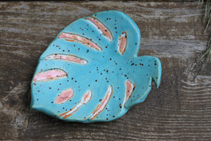 Monstera Leaf Trinket Dish, Turquoise and Pink