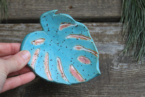Monstera Leaf Trinket Dish, Turquoise and Pink