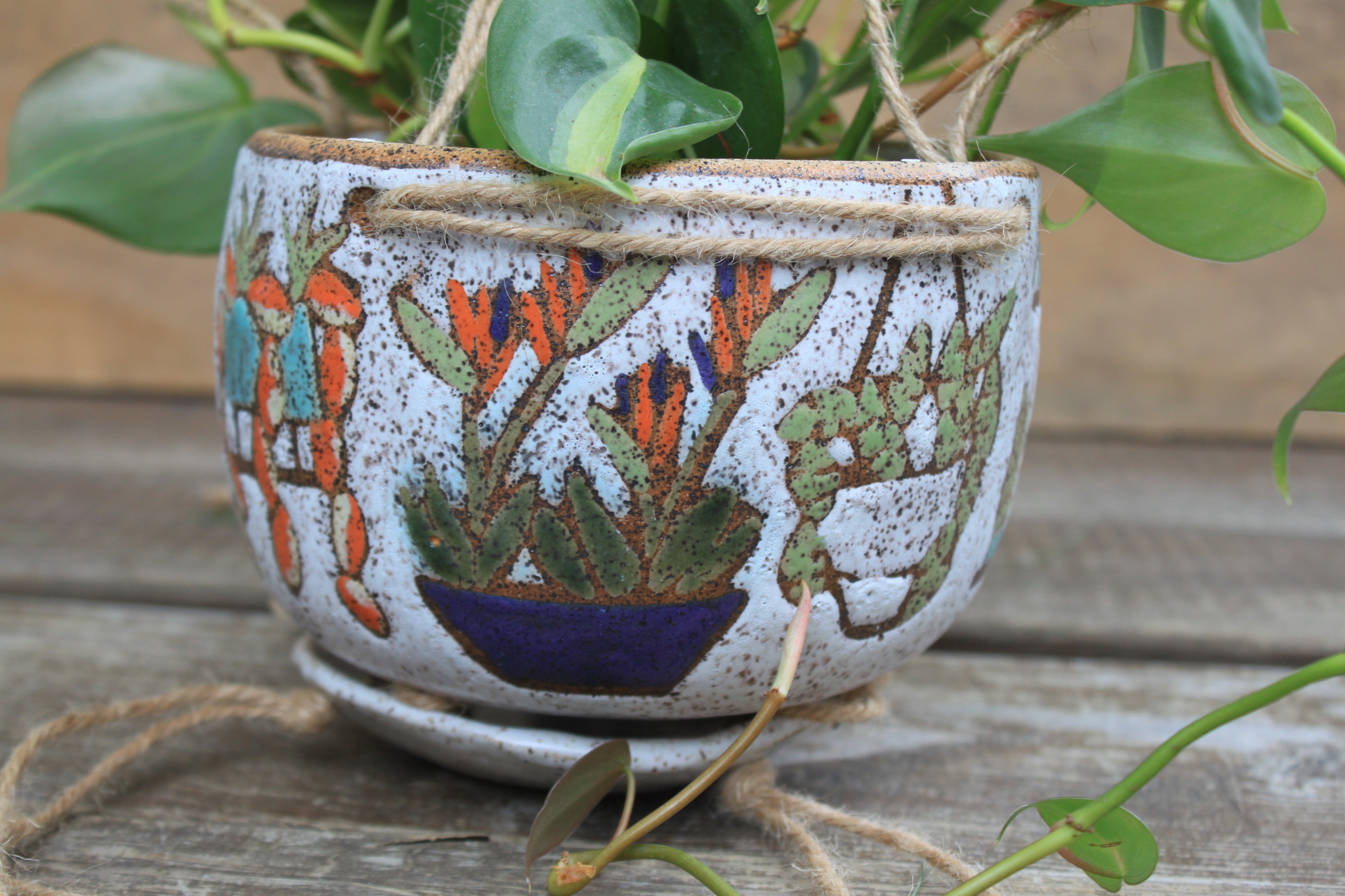 Tropical Houseplant Party Hanging Planter with Drip Dish