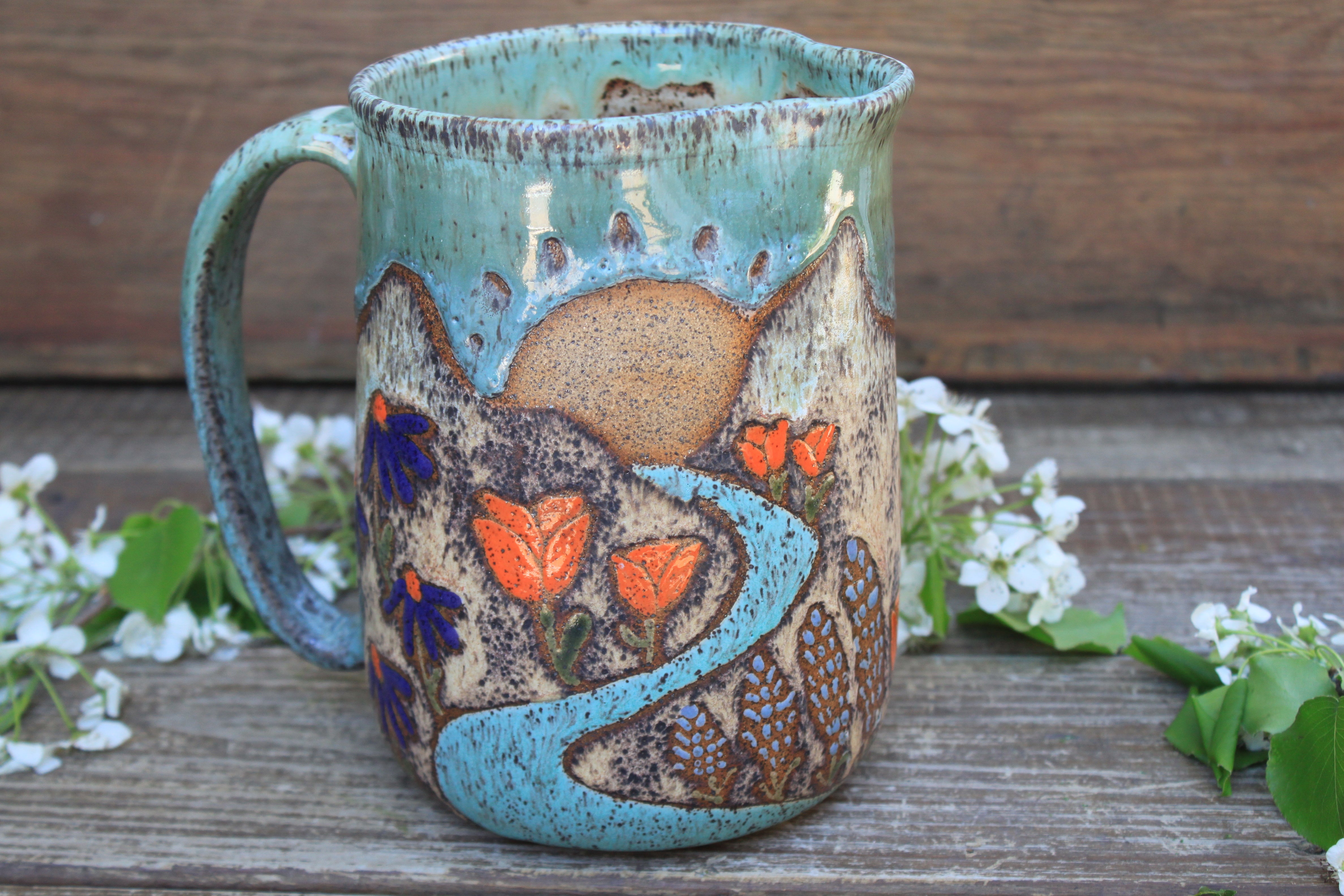 Glacial Lake/River and Wildflower Fields Sunset Pitcher, 64 oz