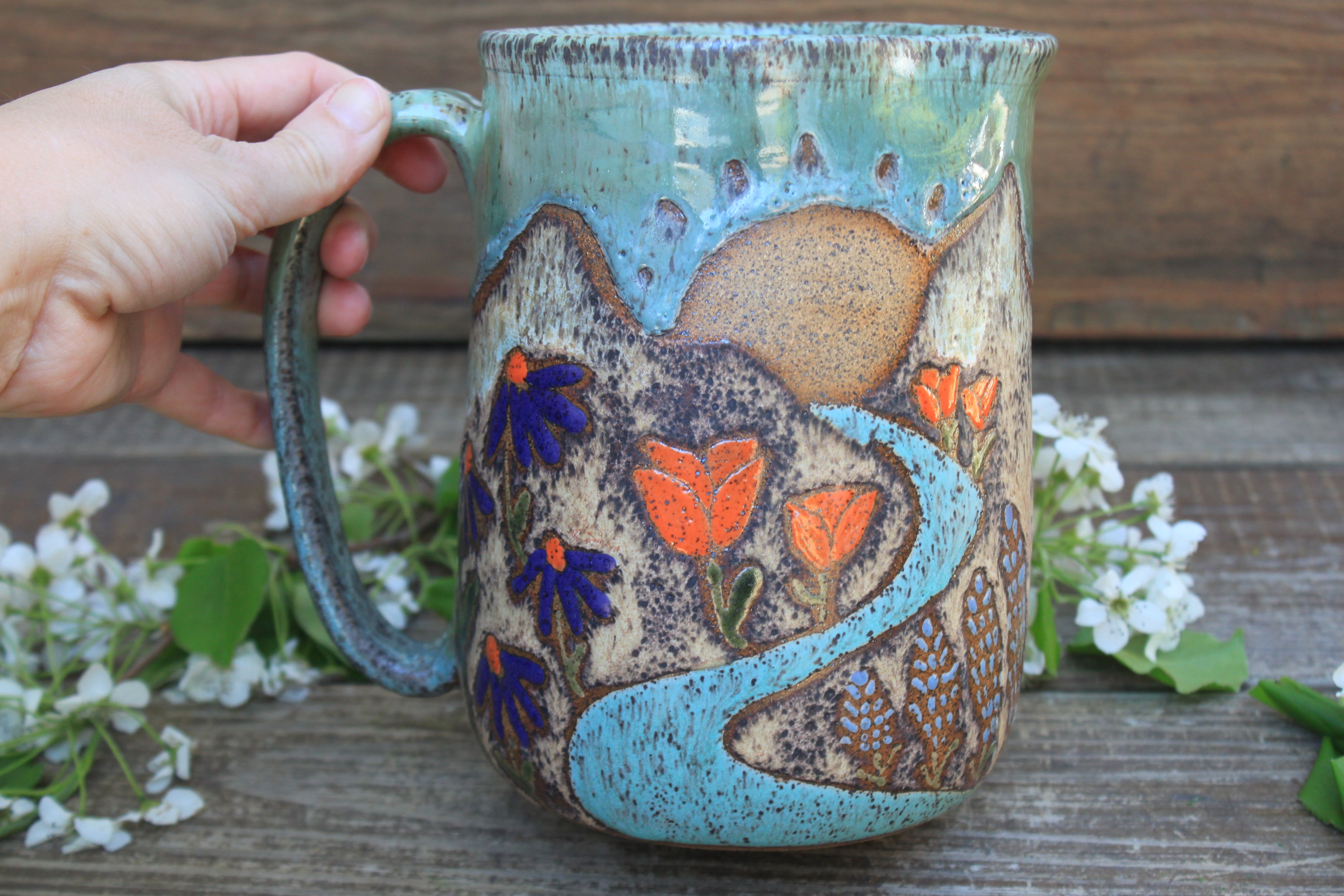 Glacial Lake/River and Wildflower Fields Sunset Pitcher, 64 oz