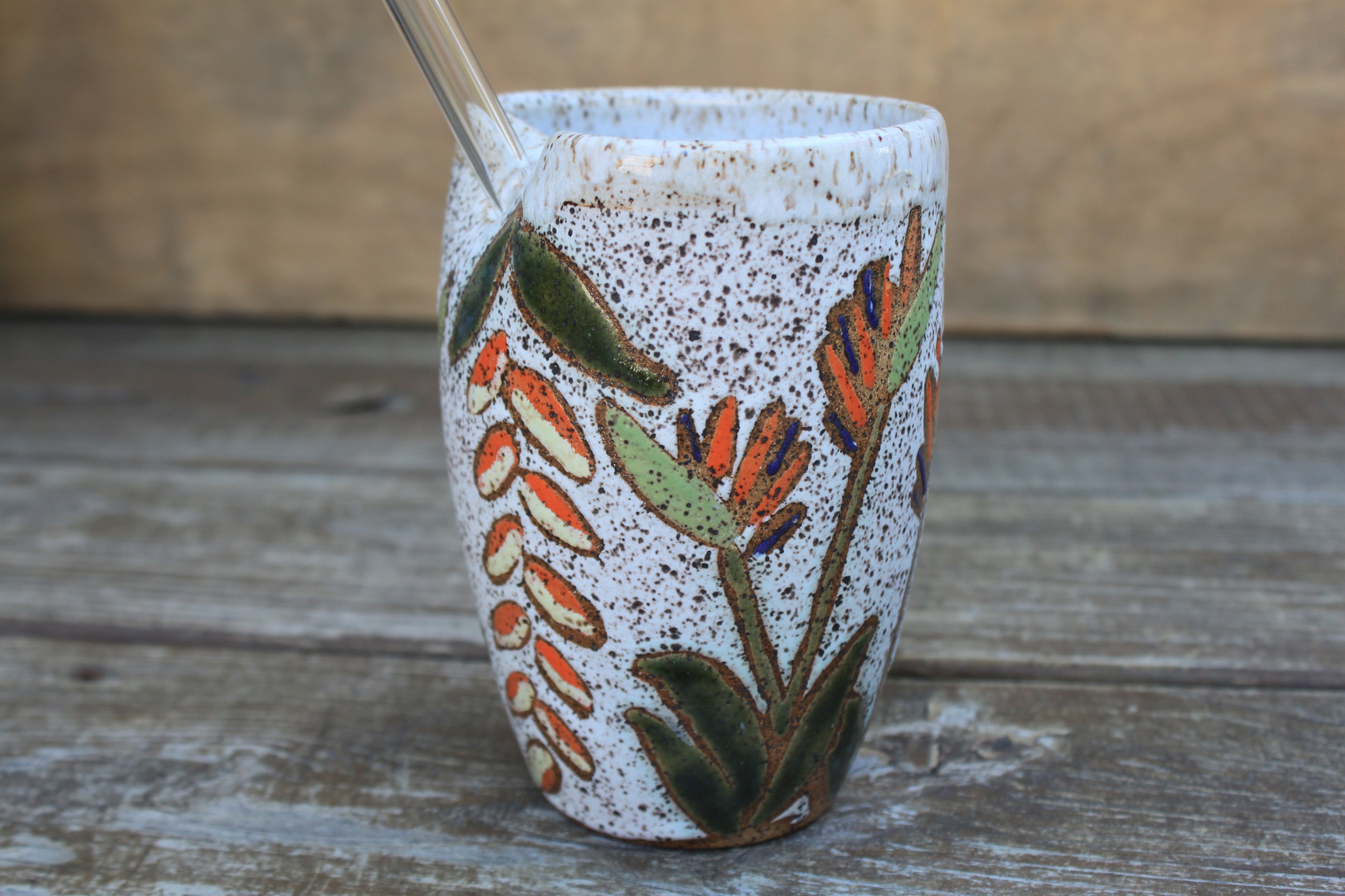 Tropical Bird of Paradise Carved Straw Cup