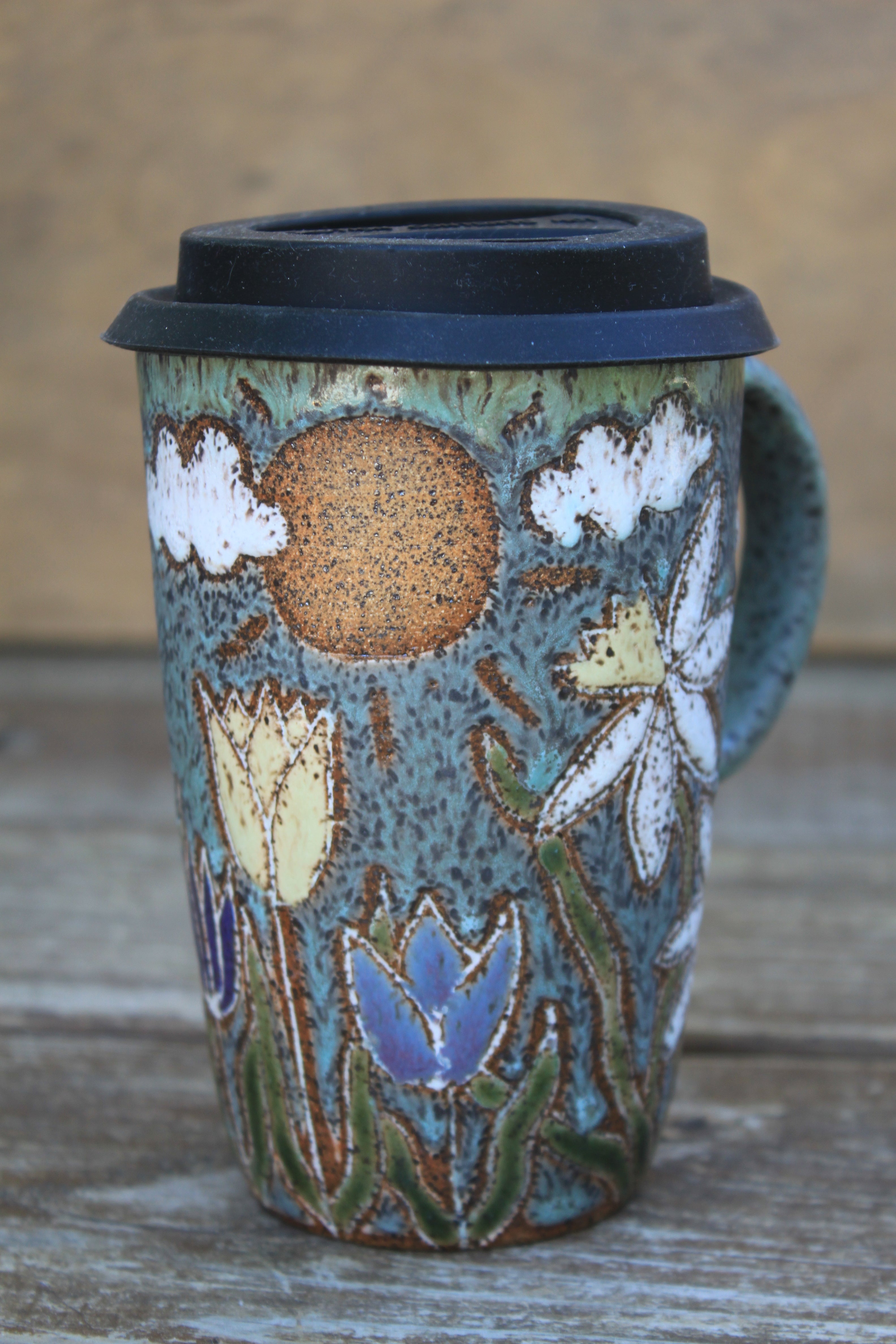 Seconds Sale! Daffodils and Tulip Fields Partly Cloudy Skies Carved Travel Mug