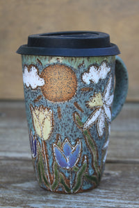 Seconds Sale! Daffodils and Tulip Fields Partly Cloudy Skies Carved Travel Mug