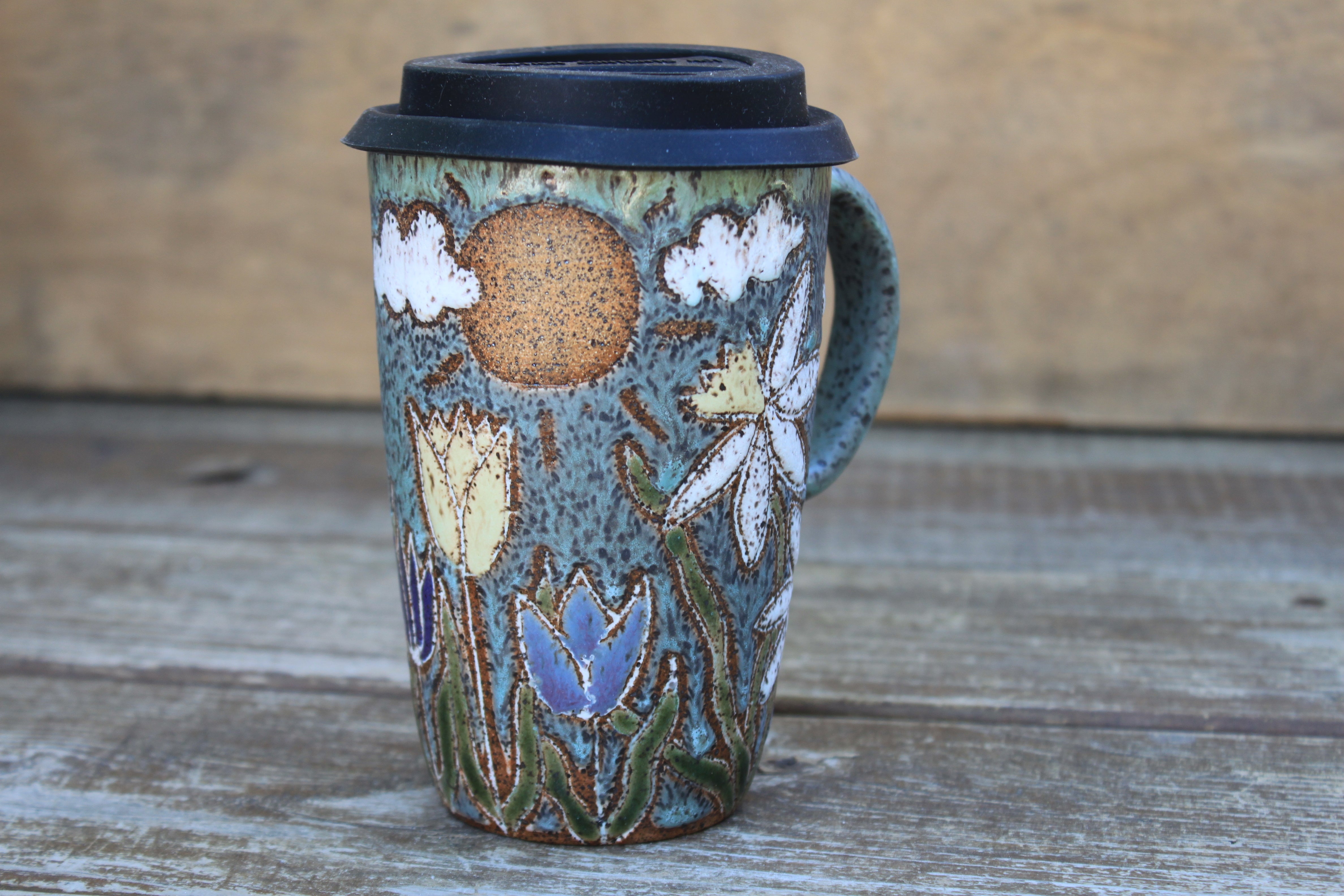 Seconds Sale! Daffodils and Tulip Fields Partly Cloudy Skies Carved Travel Mug