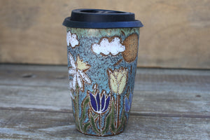 Seconds Sale! Daffodils and Tulip Fields Partly Cloudy Skies Carved Travel Mug