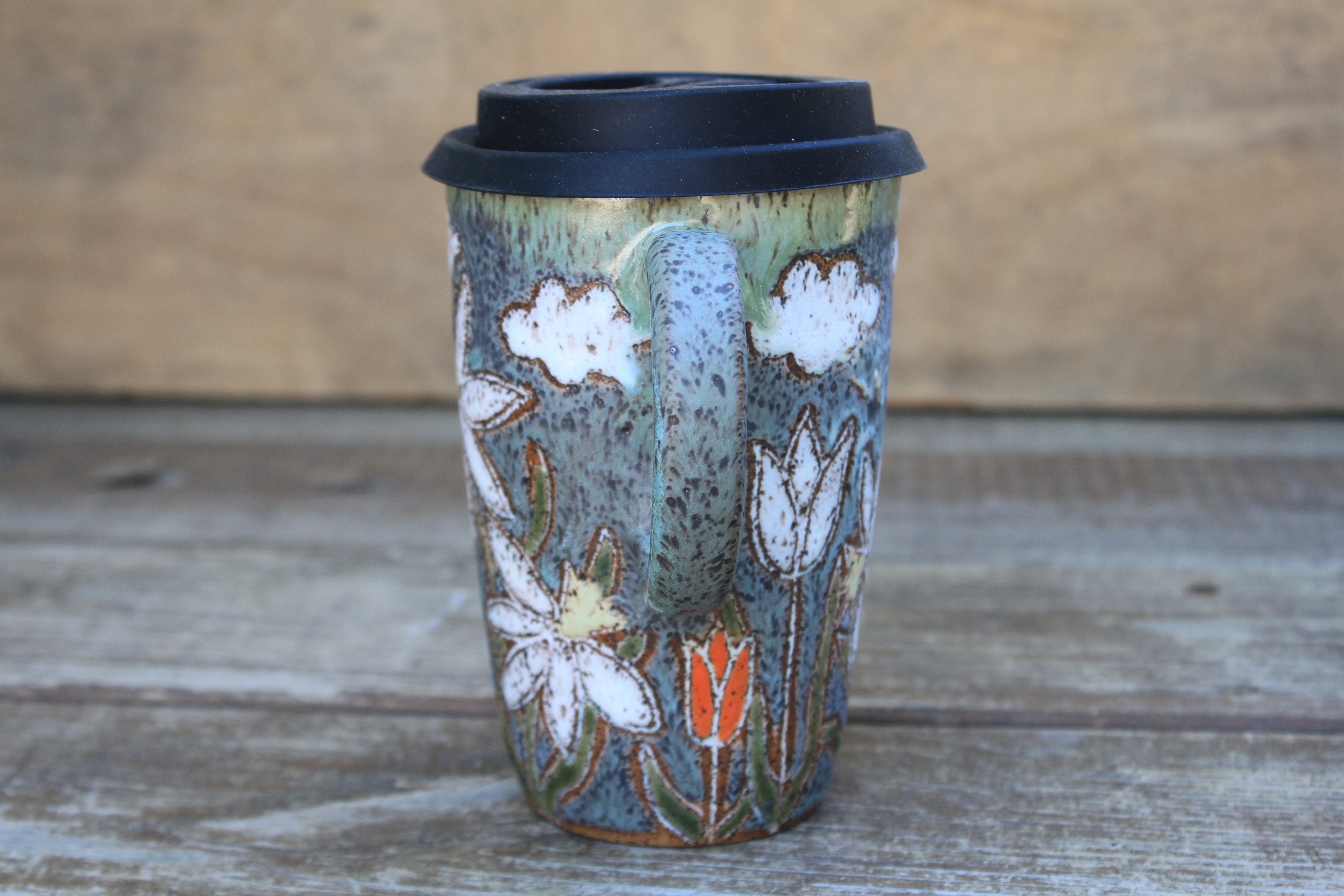 Seconds Sale! Daffodils and Tulip Fields Partly Cloudy Skies Carved Travel Mug