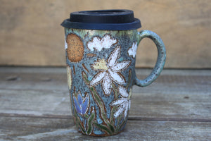 Seconds Sale! Daffodils and Tulip Fields Partly Cloudy Skies Carved Travel Mug