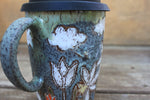 Load image into Gallery viewer, Seconds Sale! Daffodils and Tulip Fields Partly Cloudy Skies Carved Travel Mug
