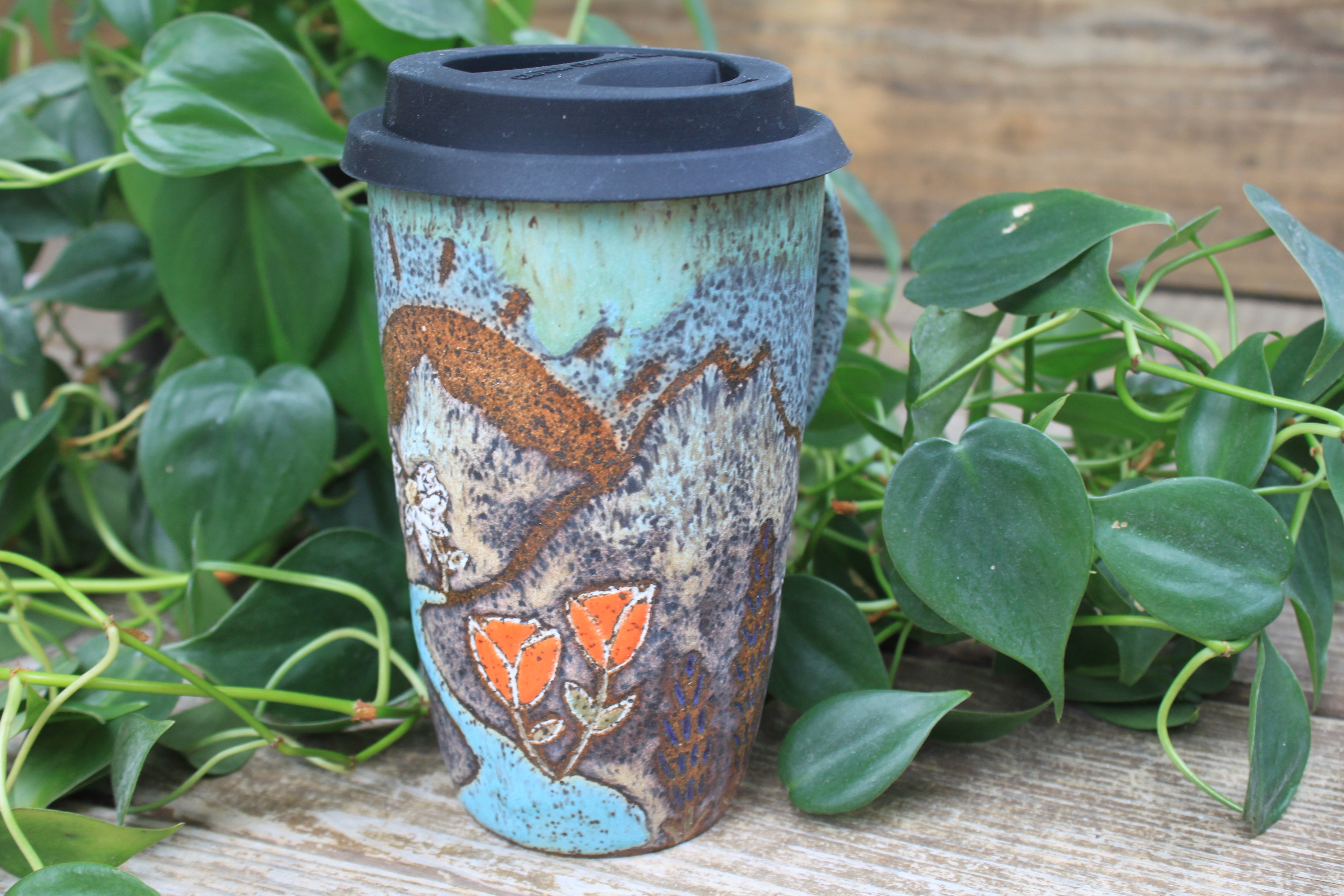 Glacial River and Wildflower Fields Carved Travel Mug, 18 oz
