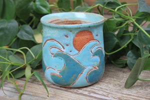 Seconds Sale! Ocean Waves Day Carved Mug, 18 oz