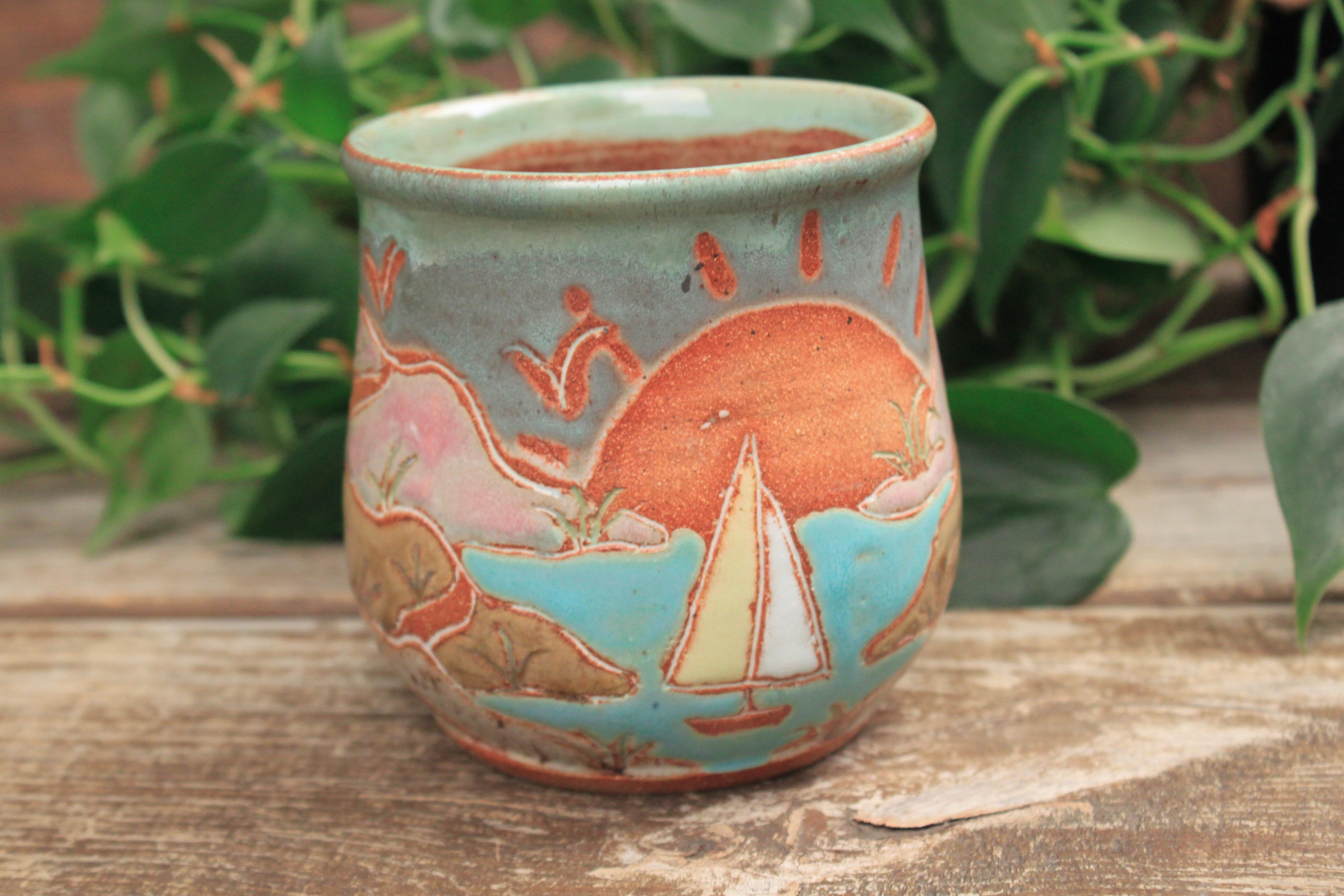 Beachy Sand Dune Sunset and Sailboat Mug, 18 oz
