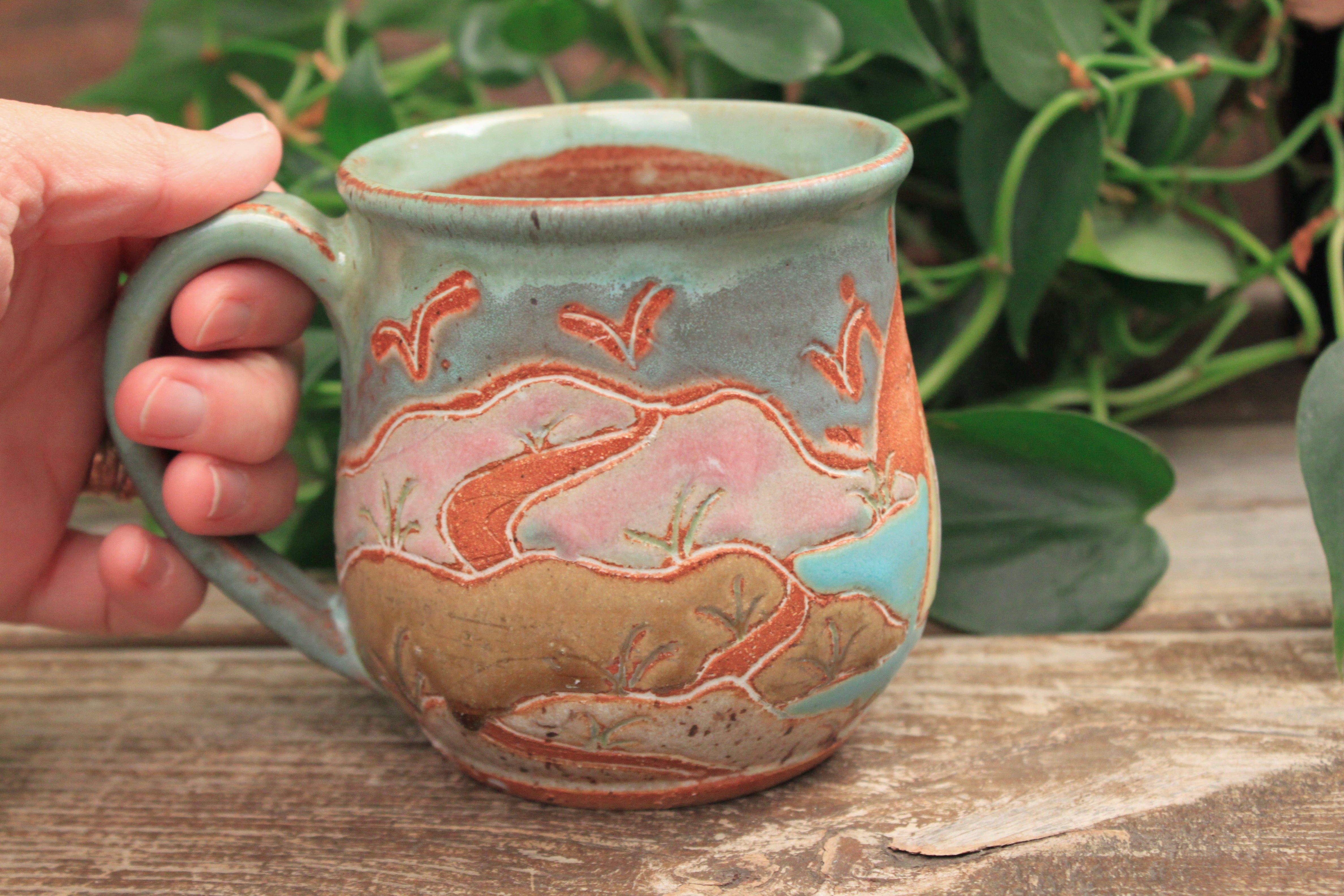 Beachy Sand Dune Sunset and Sailboat Mug, 18 oz