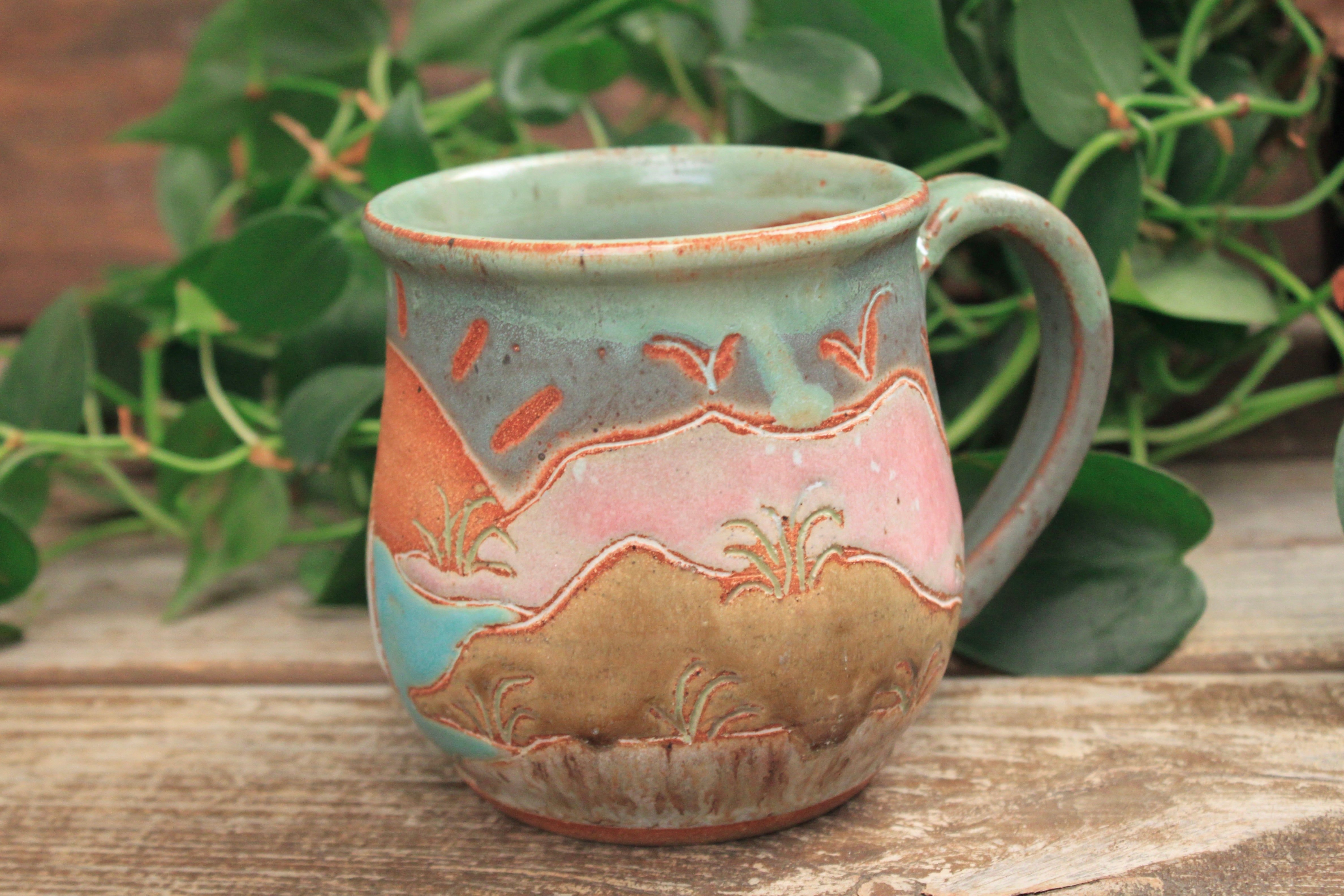 Beachy Sand Dune Sunset and Sailboat Mug, 18 oz