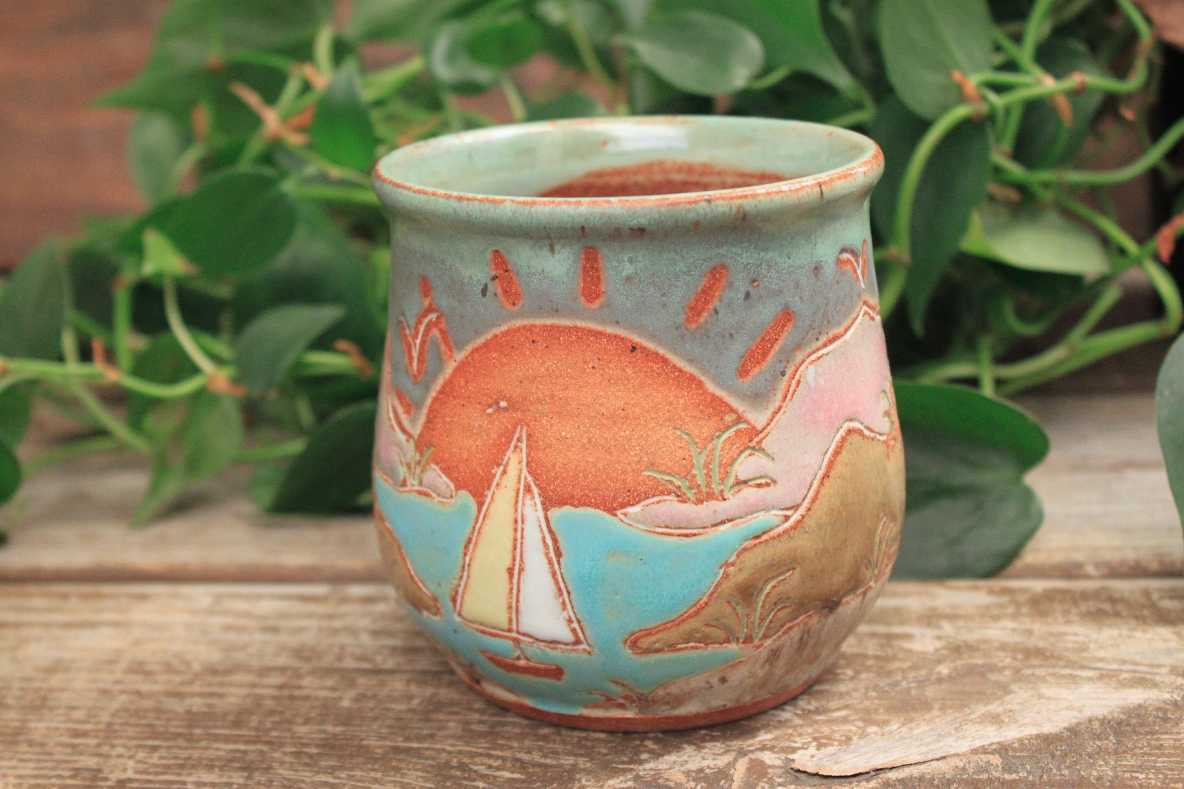 Beachy Sand Dune Sunset and Sailboat Mug, 18 oz