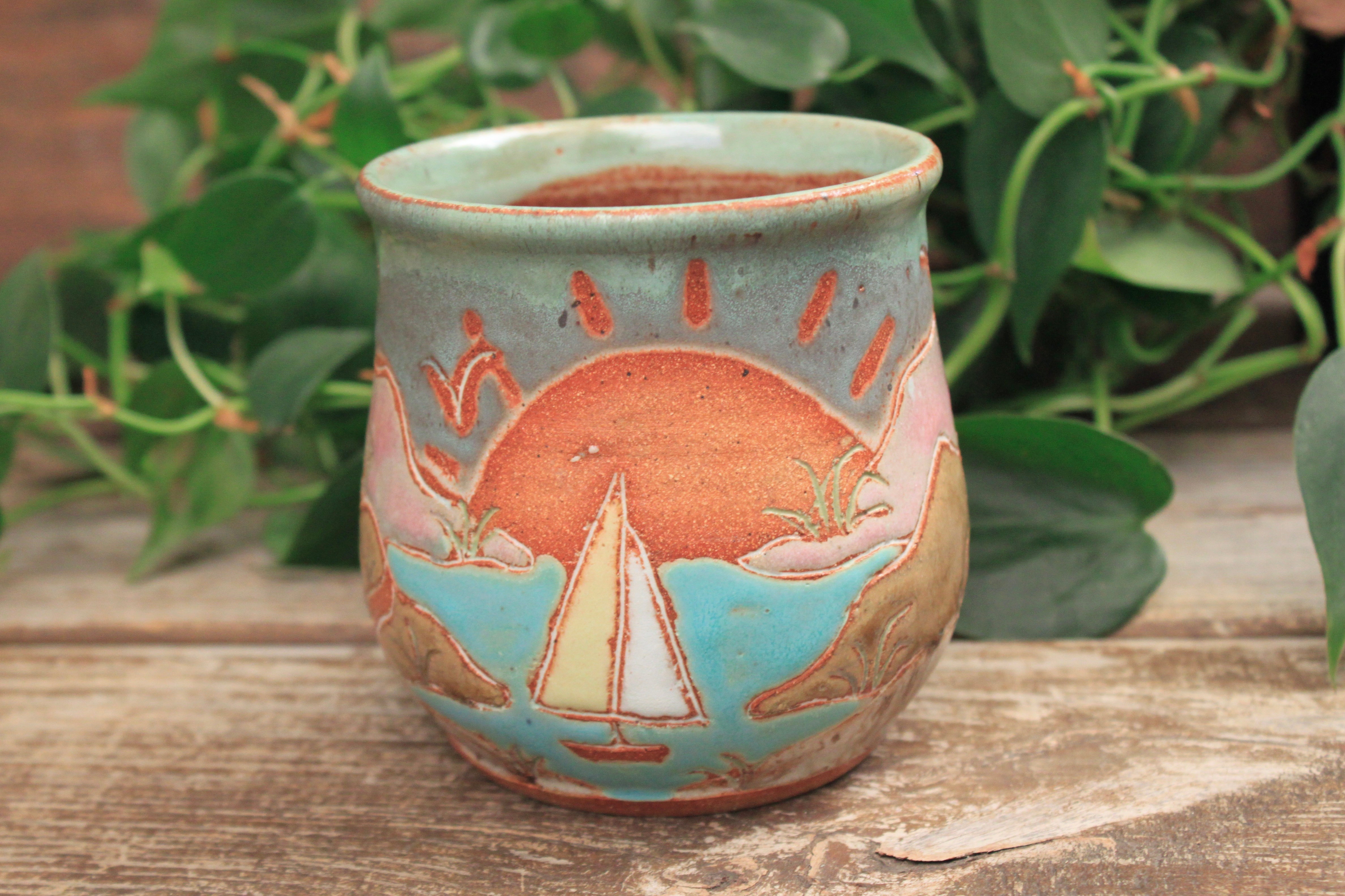 Beachy Sand Dune Sunset and Sailboat Mug, 18 oz