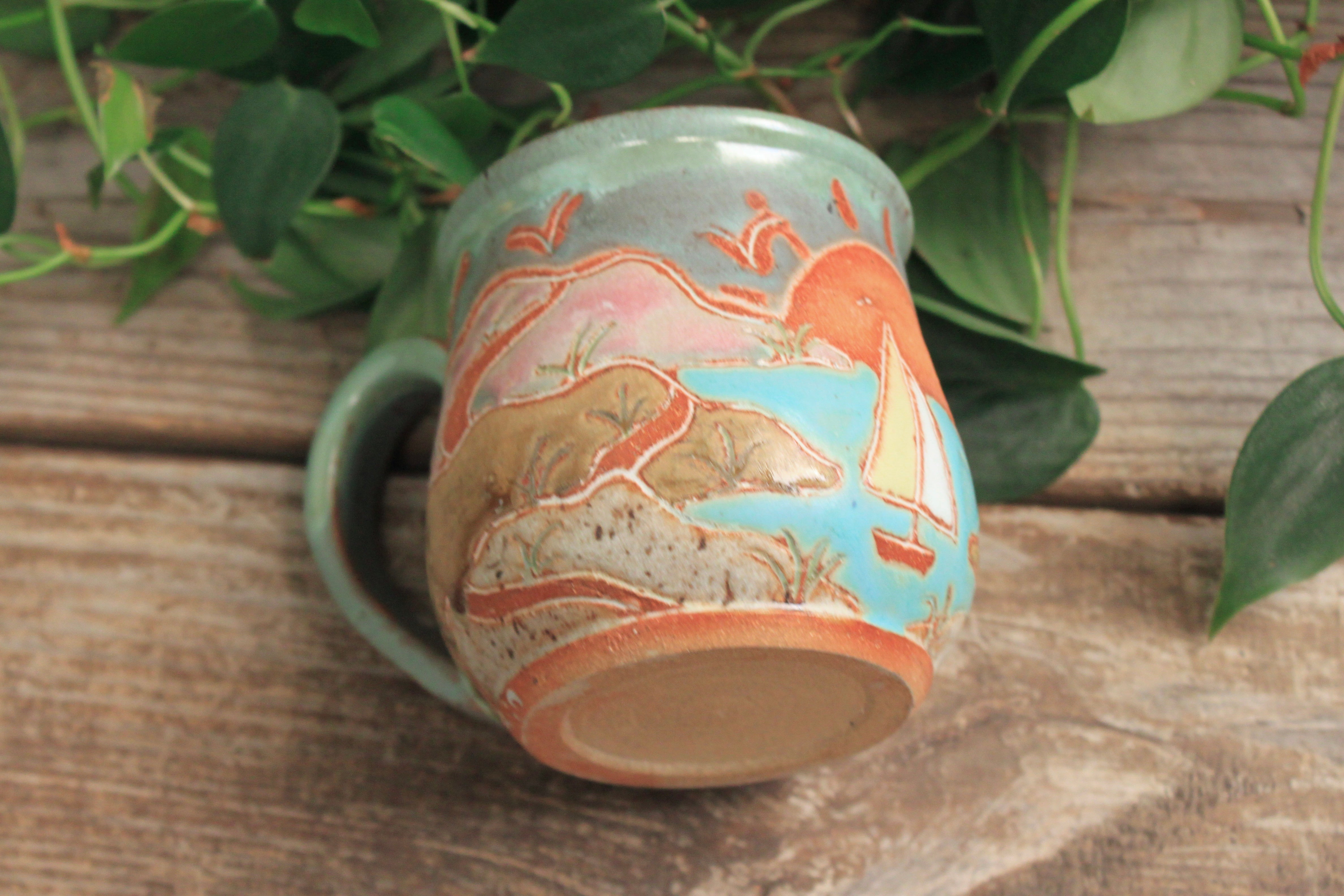 Beachy Sand Dune Sunset and Sailboat Mug, 18 oz