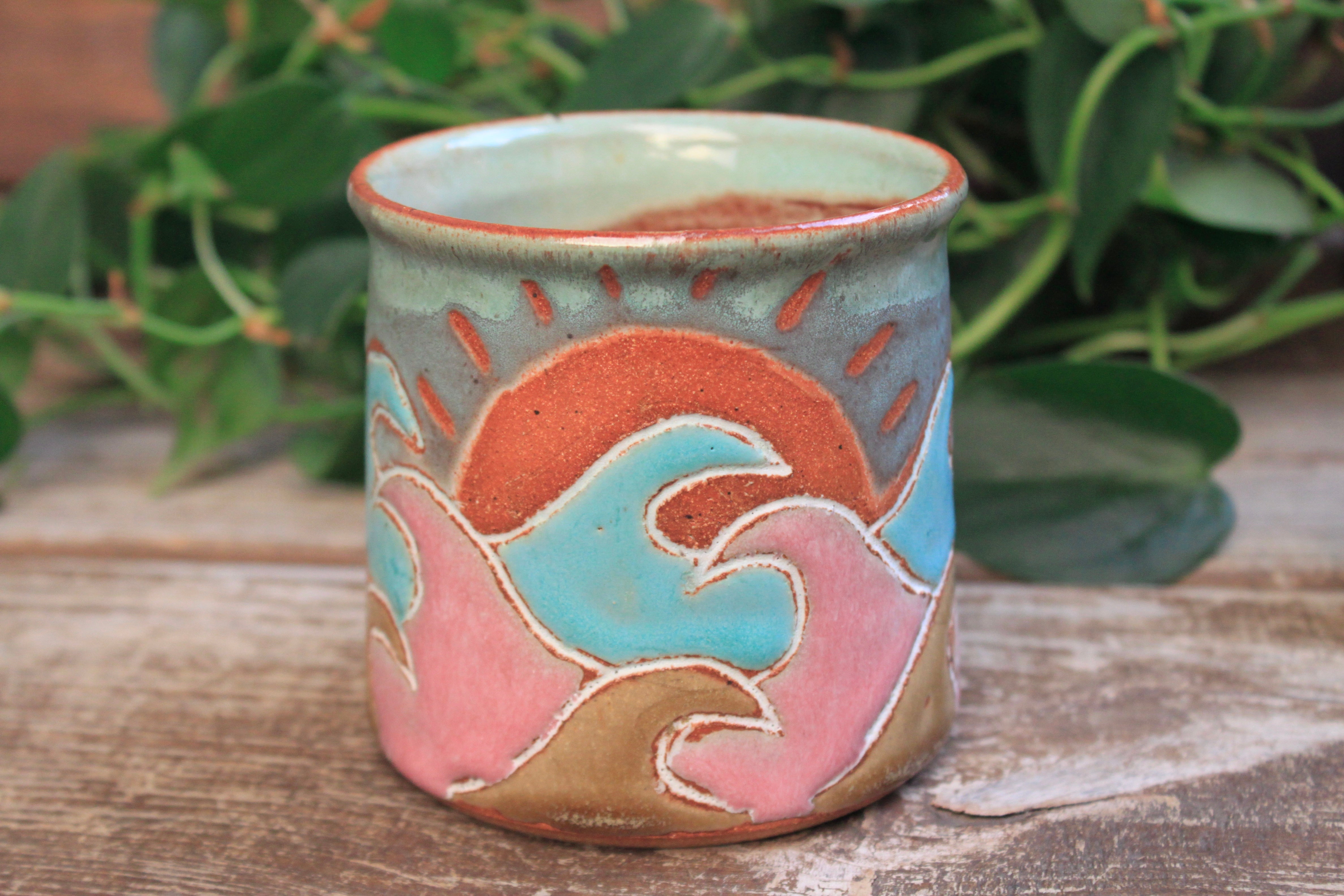 Ocean Waves Day Carved Mug, 14 oz