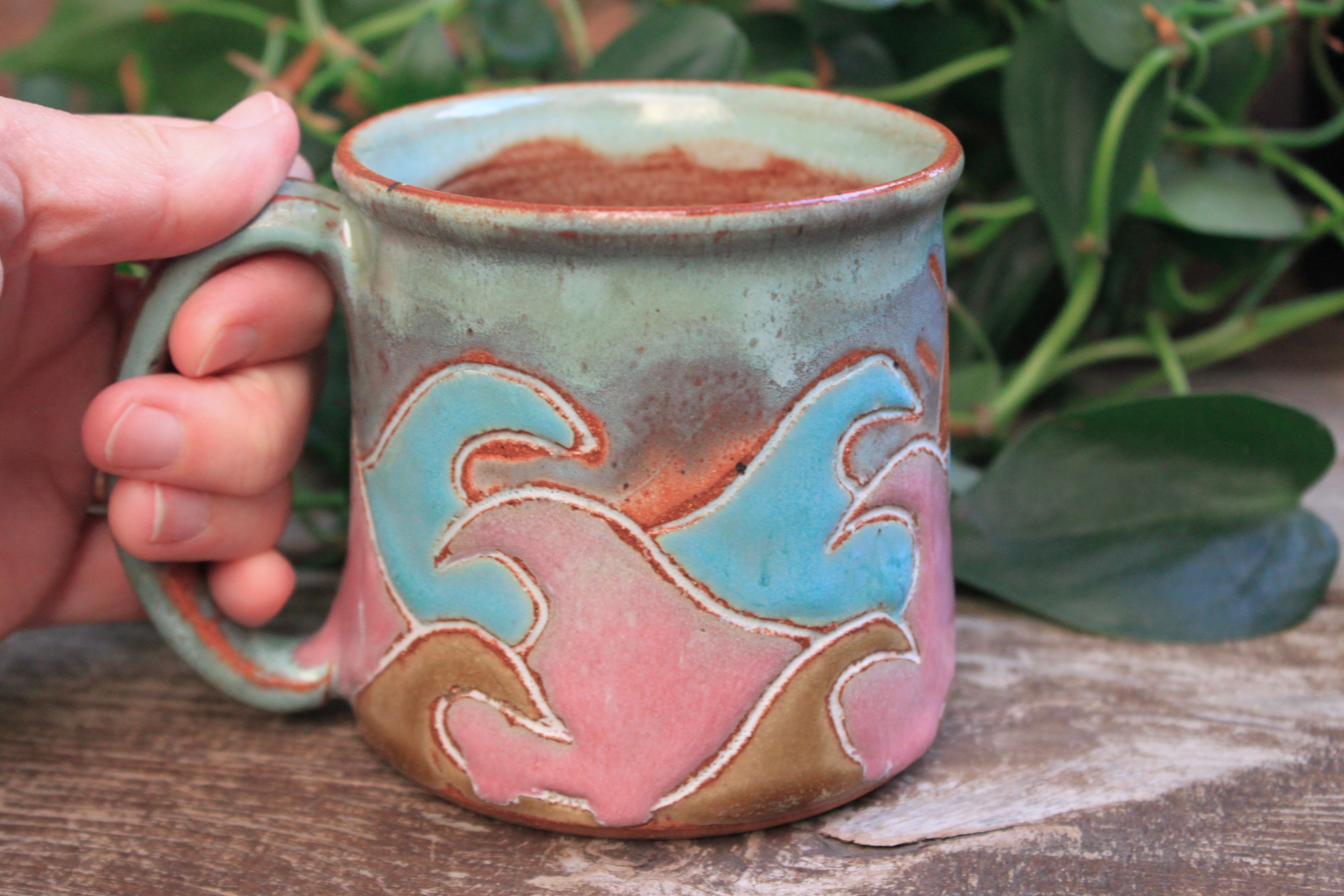 Ocean Waves Day Carved Mug, 14 oz