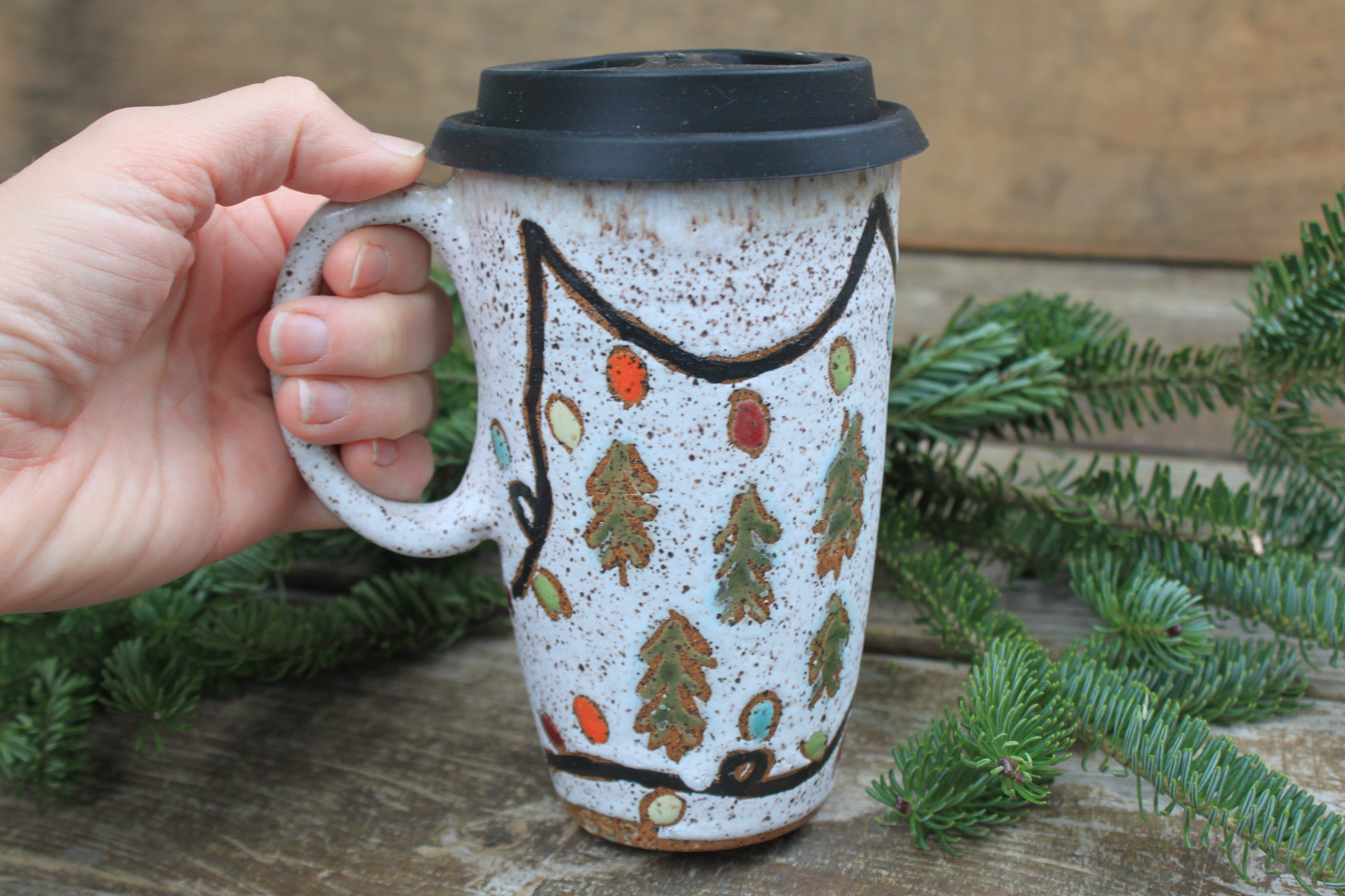 Twinkly Lights and Evergreens Handled Travel Mug, 18 oz