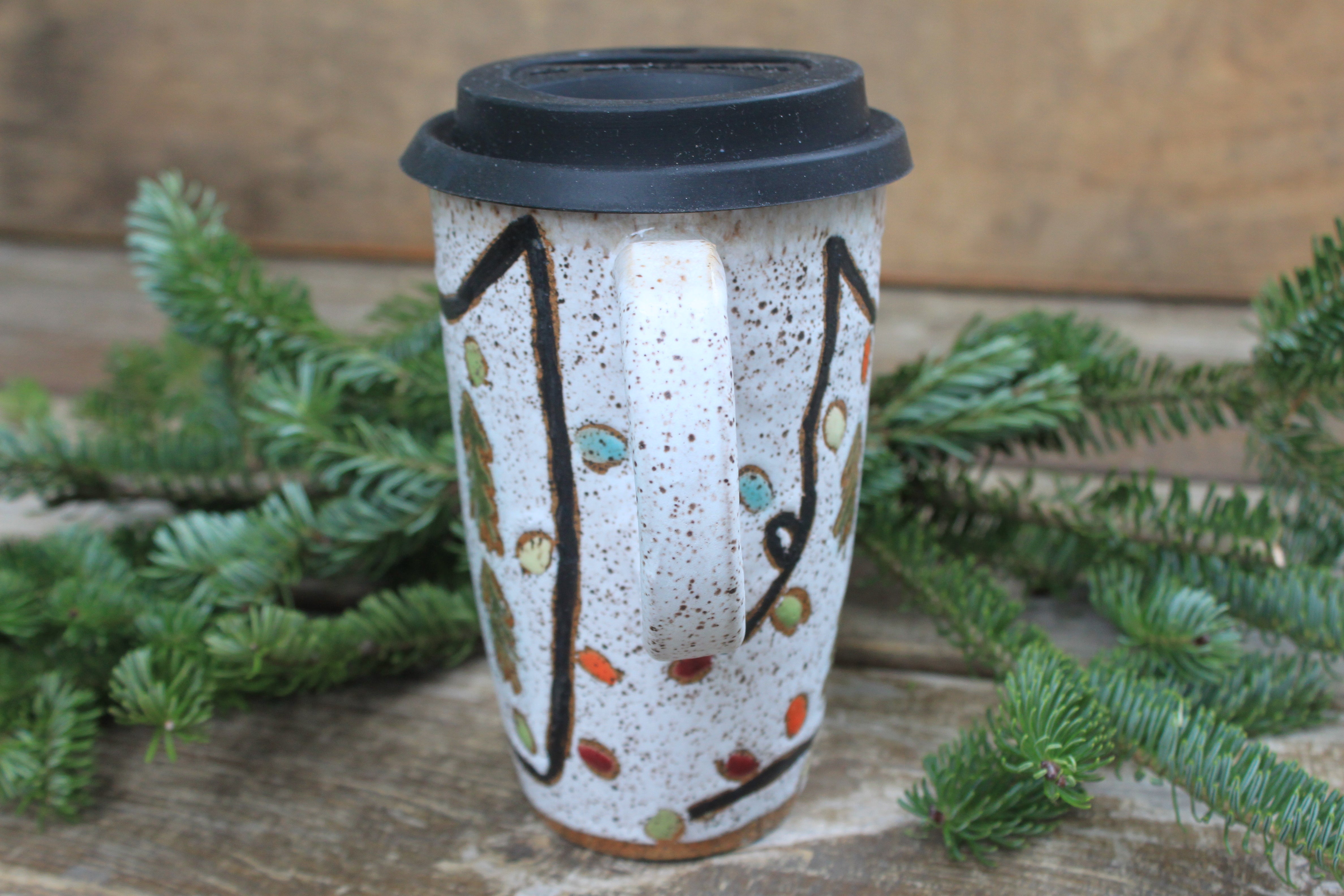 Twinkly Lights and Evergreens Handled Travel Mug, 18 oz
