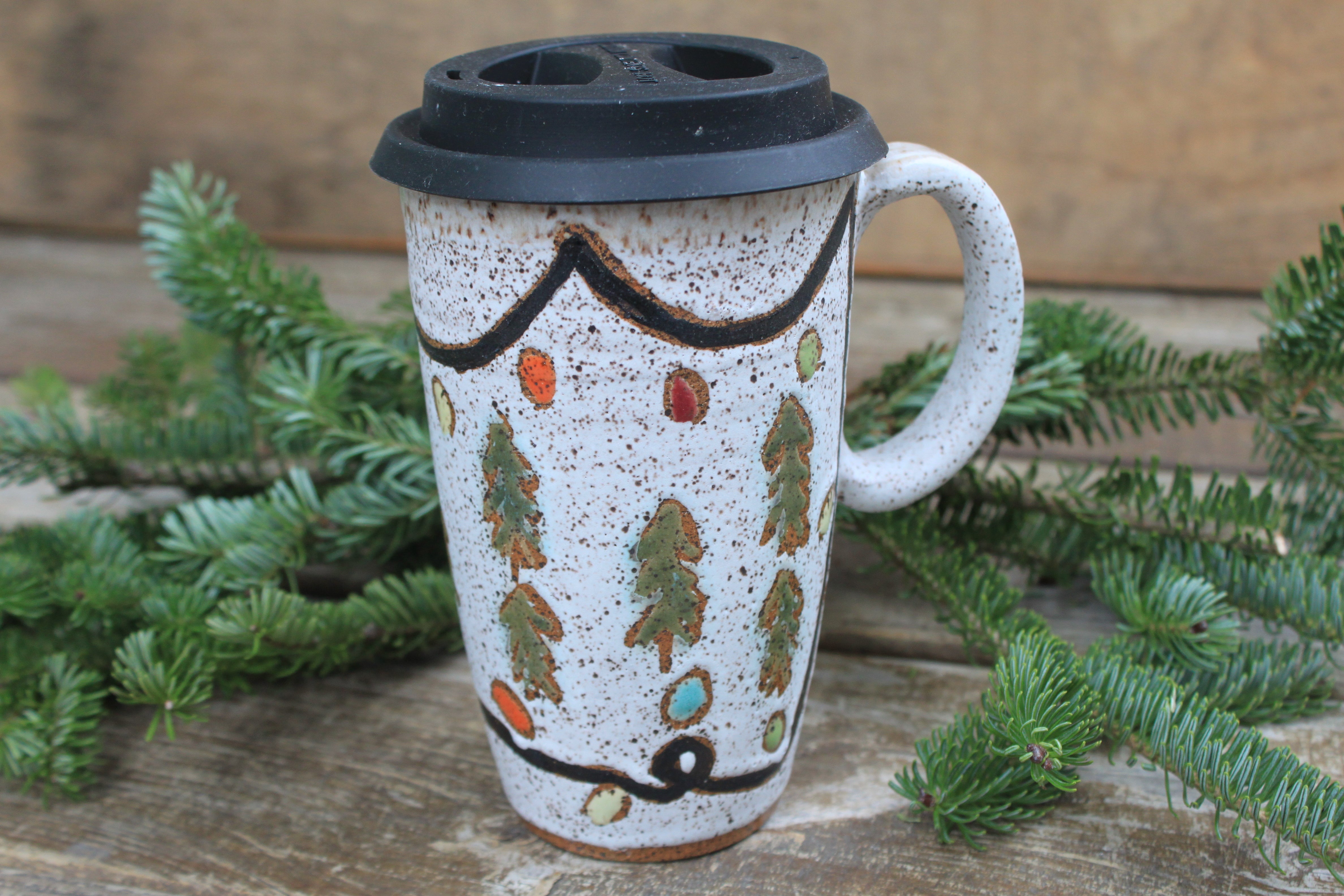 Twinkly Lights and Evergreens Handled Travel Mug, 18 oz