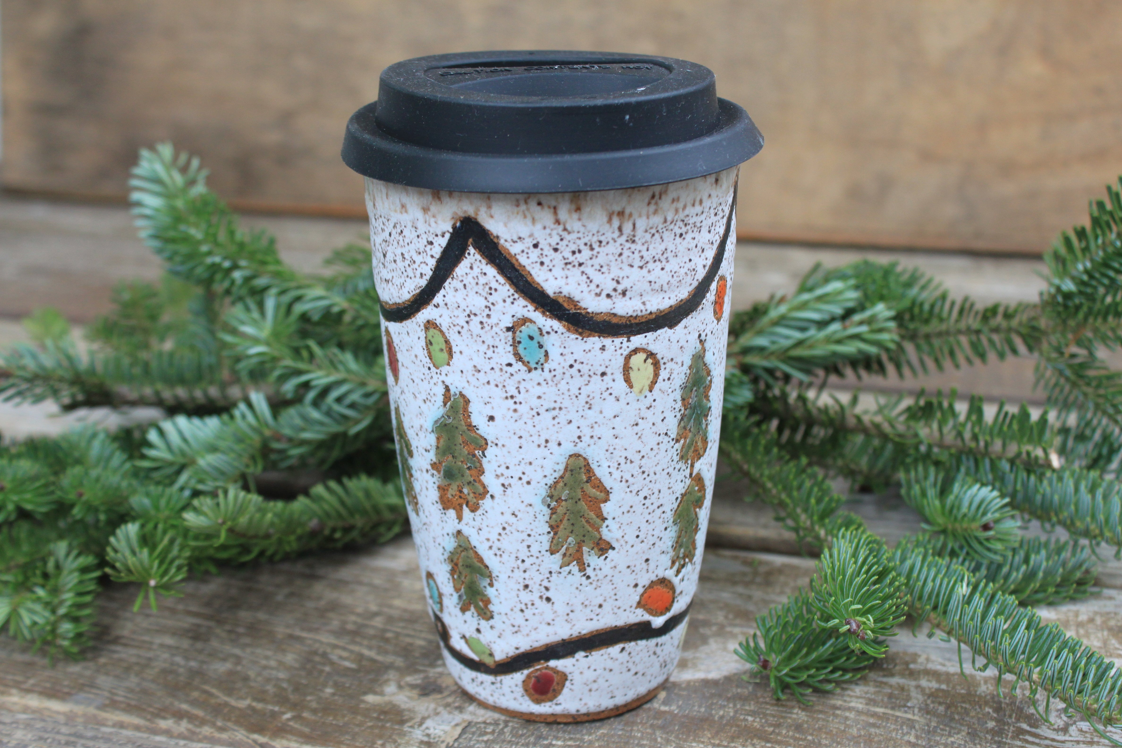 Twinkly Lights and Evergreens Handled Travel Mug, 18 oz