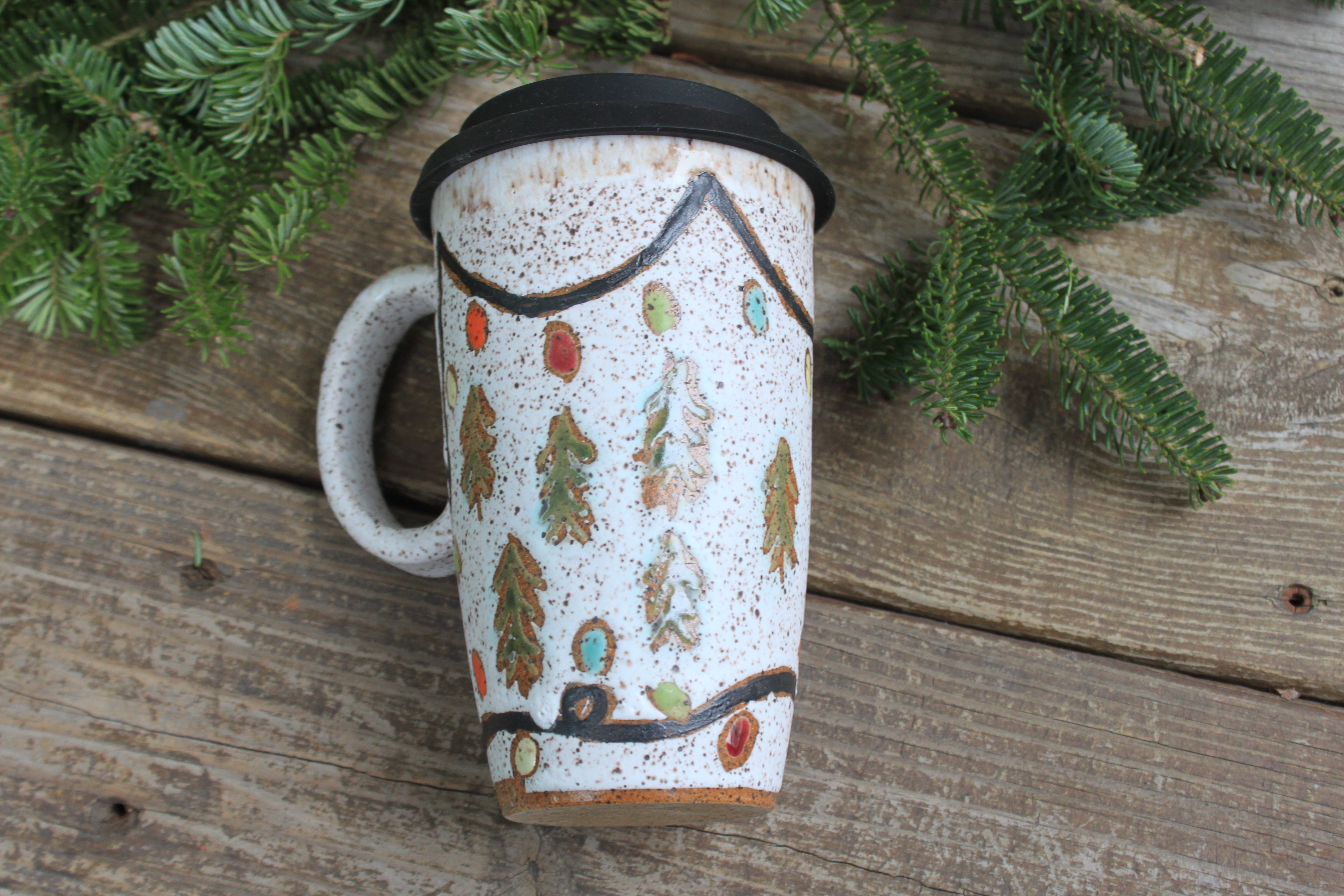 Twinkly Lights and Evergreens Handled Travel Mug, 18 oz