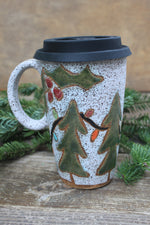 Load image into Gallery viewer, Twinkly Lights, Holly and Evergreens Handled Travel Mug, 17 oz
