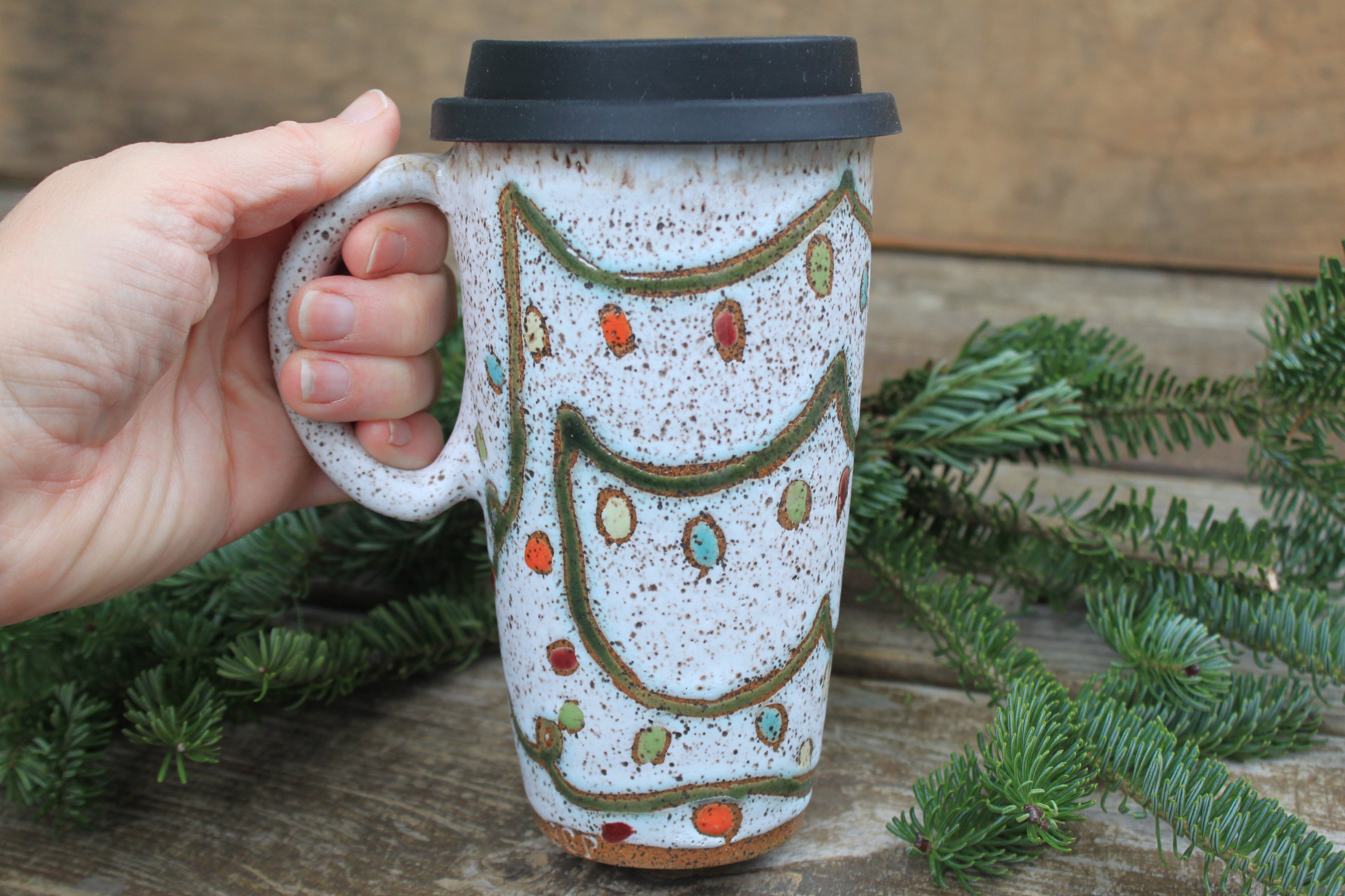 Twinkly Lights Handled Travel Mug, 18 oz