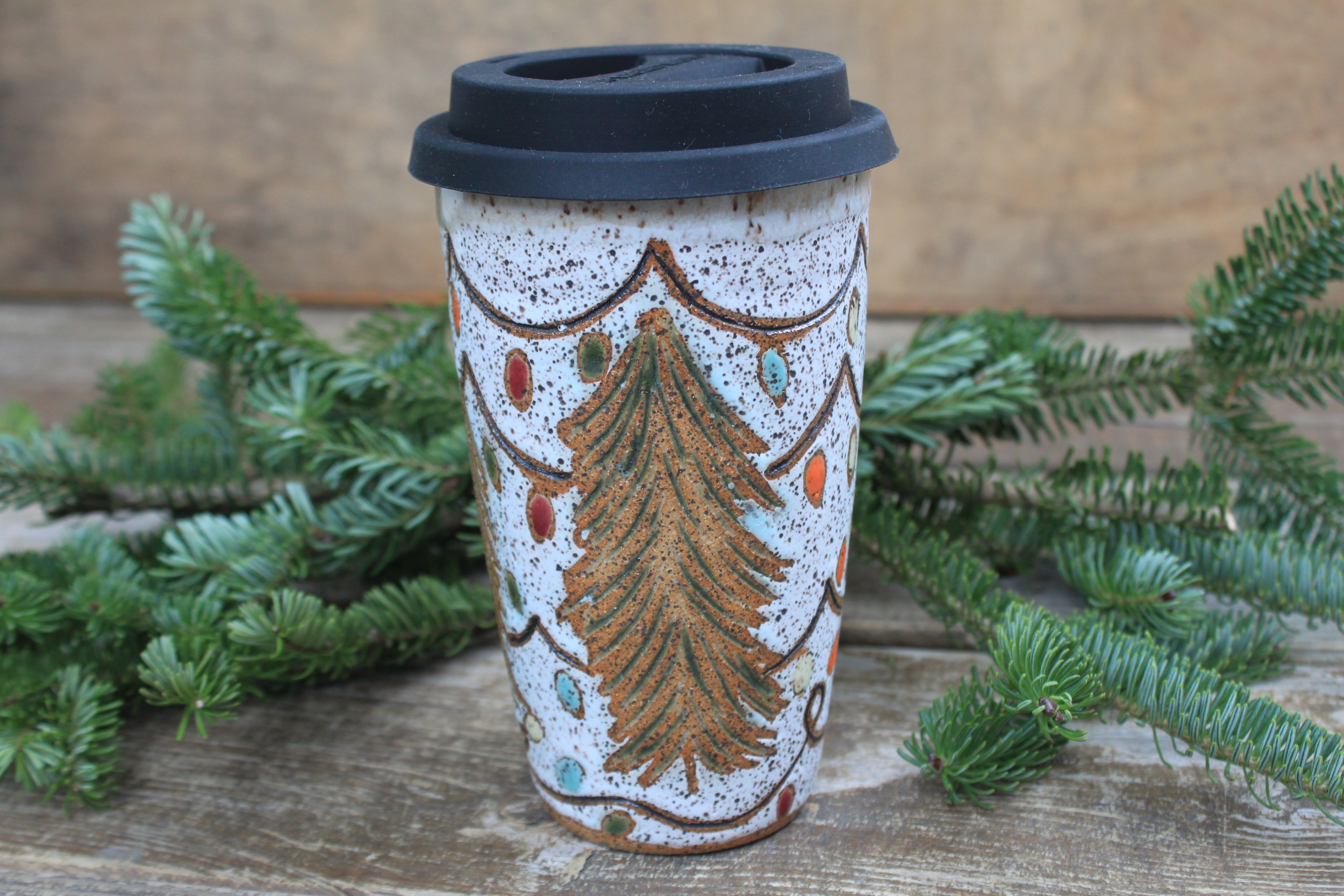 Twinkly Lights and Large Evergreens Handled Travel Mug, 17 oz